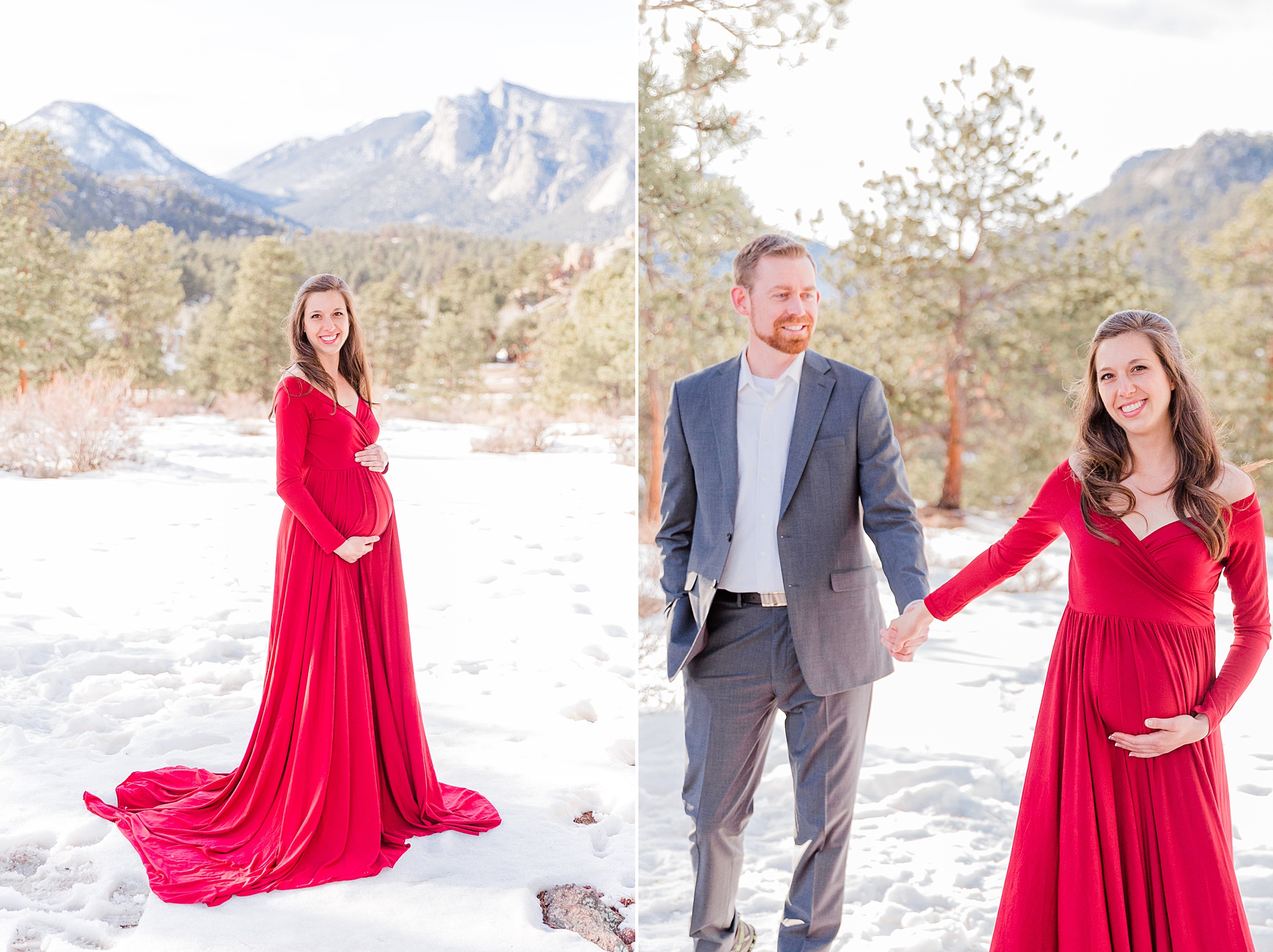 Pregnant woman in red dress at Knoll Willows Open Space Maternity session