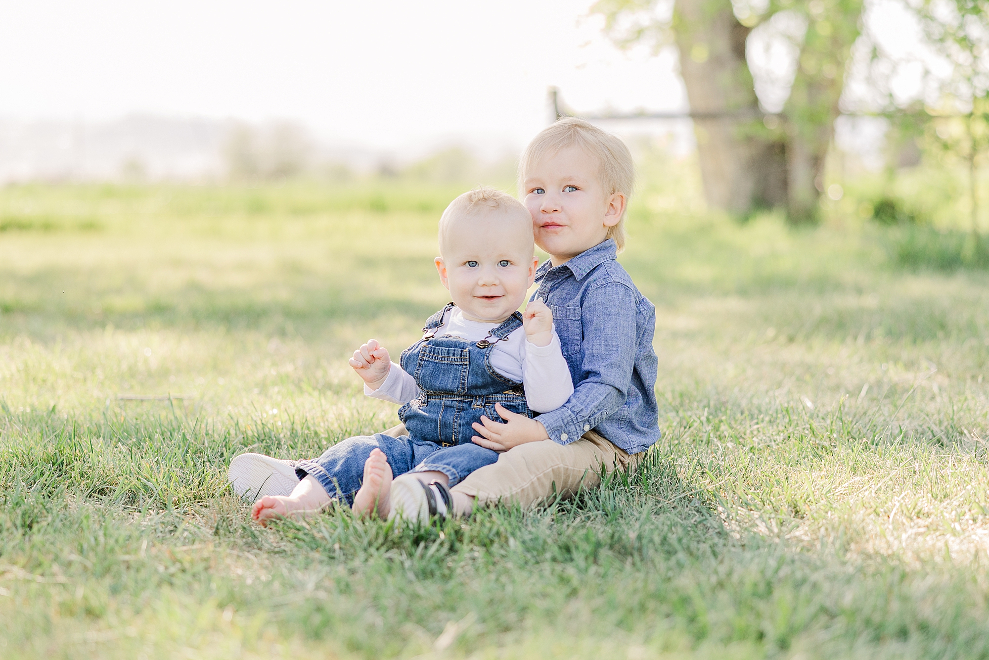 siblings sit together during Apple Orchard family Mini Sessions 