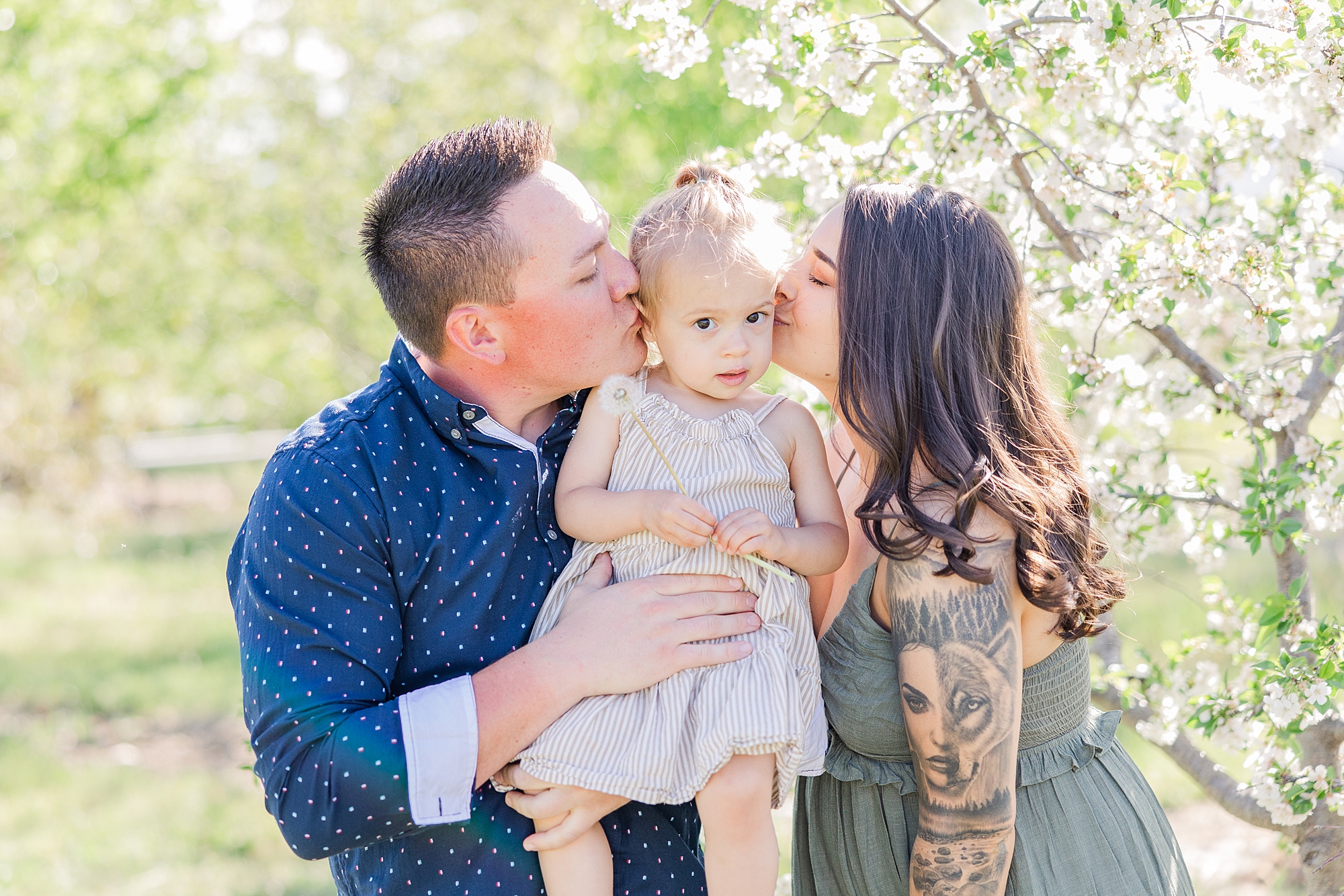 parents kiss their baby girl on the cheek