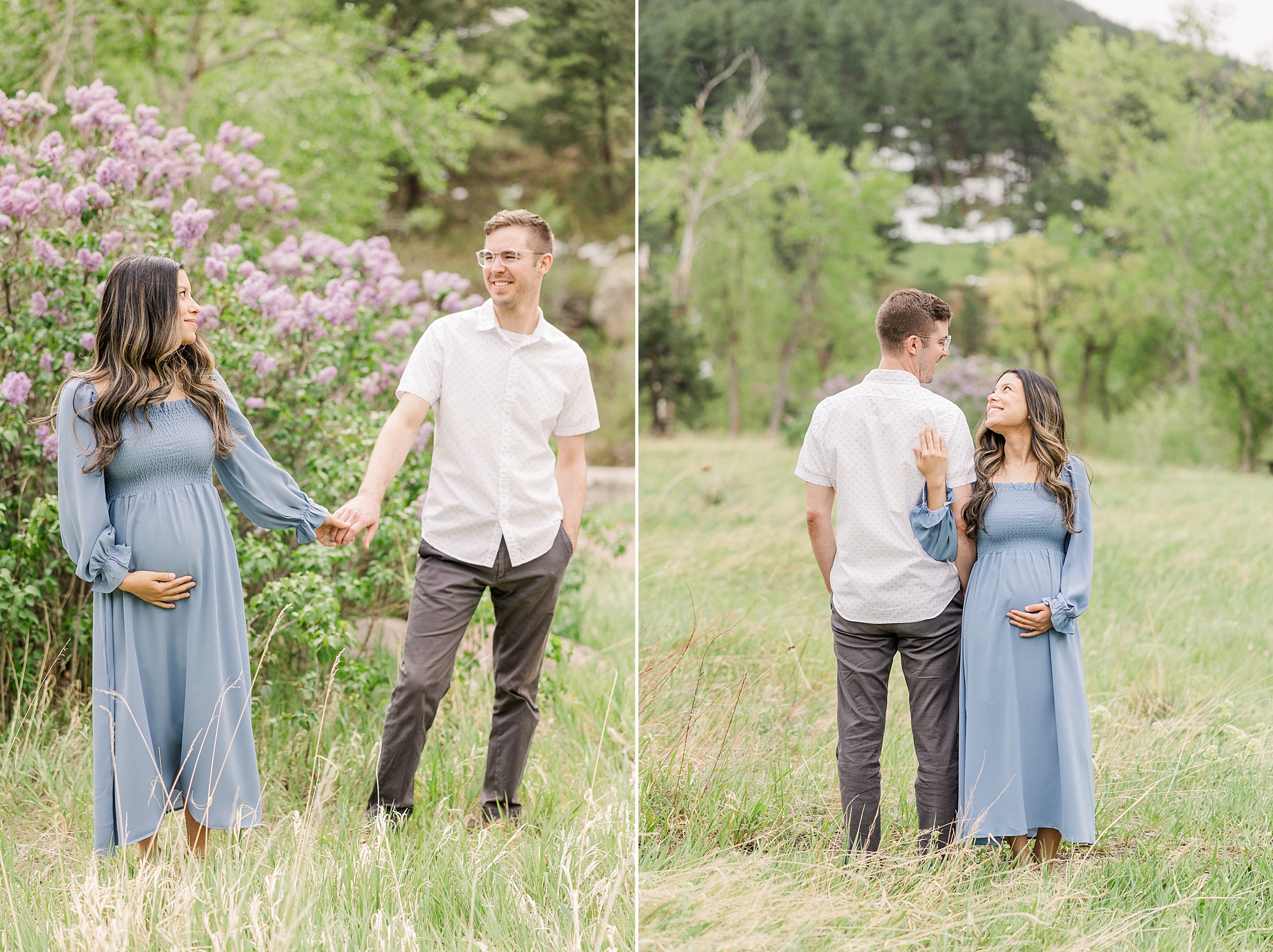 couple in front of lilac bush during Buckingham Park Maternity Session in Boulder, CO | Colorado Maternity Photographer