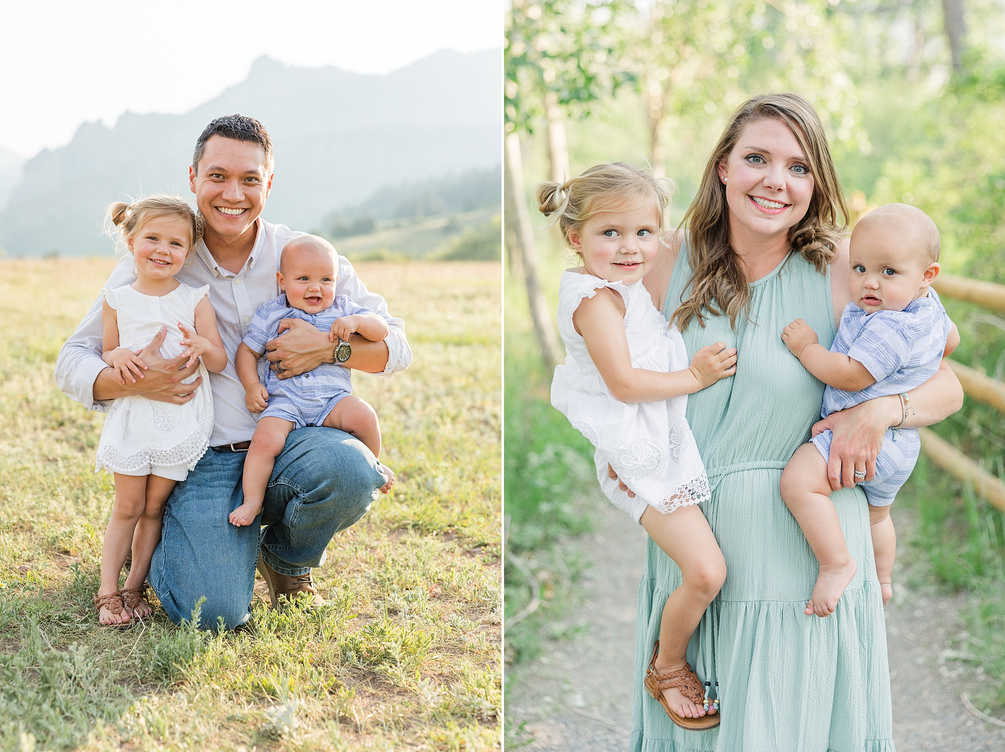 mom and dad take turns holding their two children for spring family session