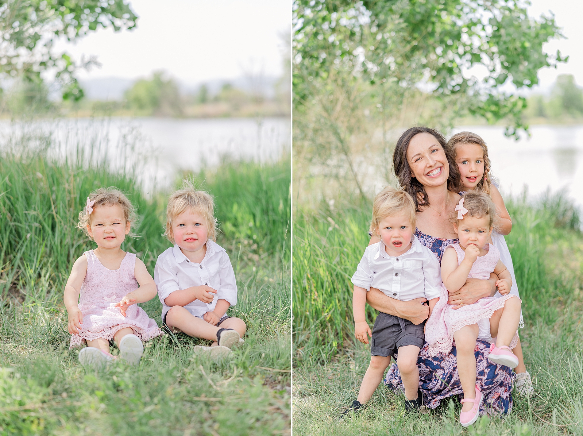 mom with three kids during Golden Ponds Family session