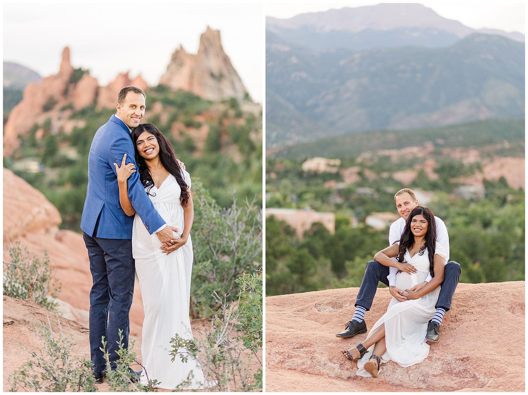 couple sitting and snuggling on ground during maternity session in Garden of Gods Park