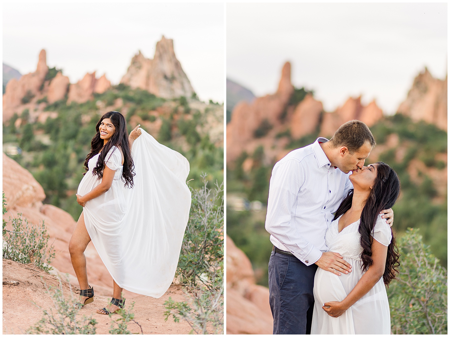 husband and wife share kiss during maternity session at Garden of the God, Colorado 