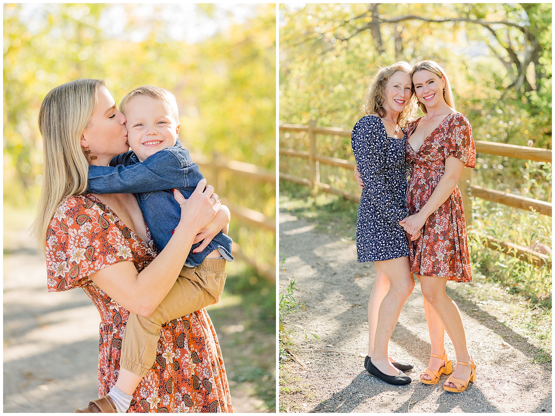 mom kissing son on the cheek posing during Fall Mini Sessions in Colorado