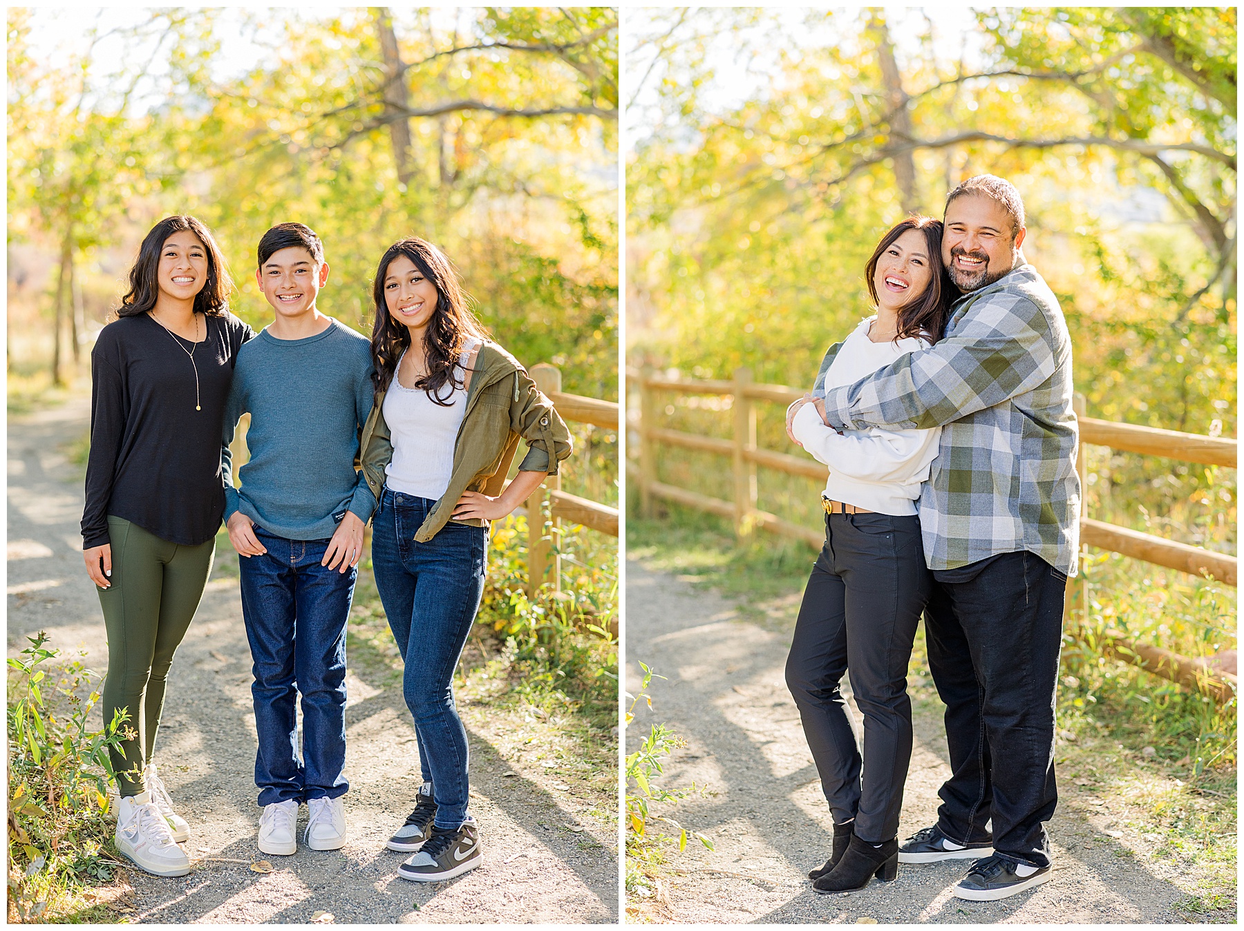 father hugs his wife from behind as they smile during family fall mini sessions