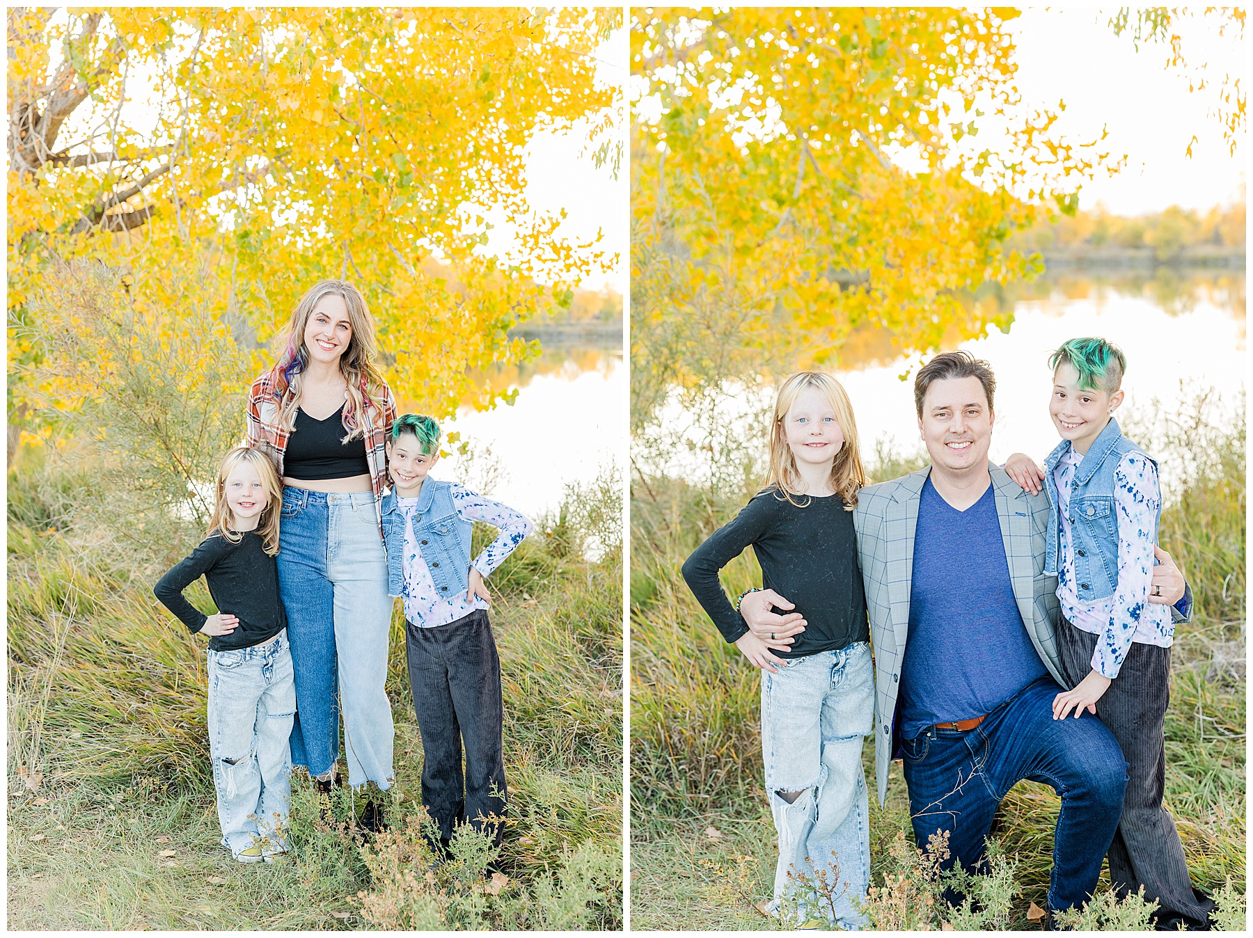 mom and dad with kids under yellow tree