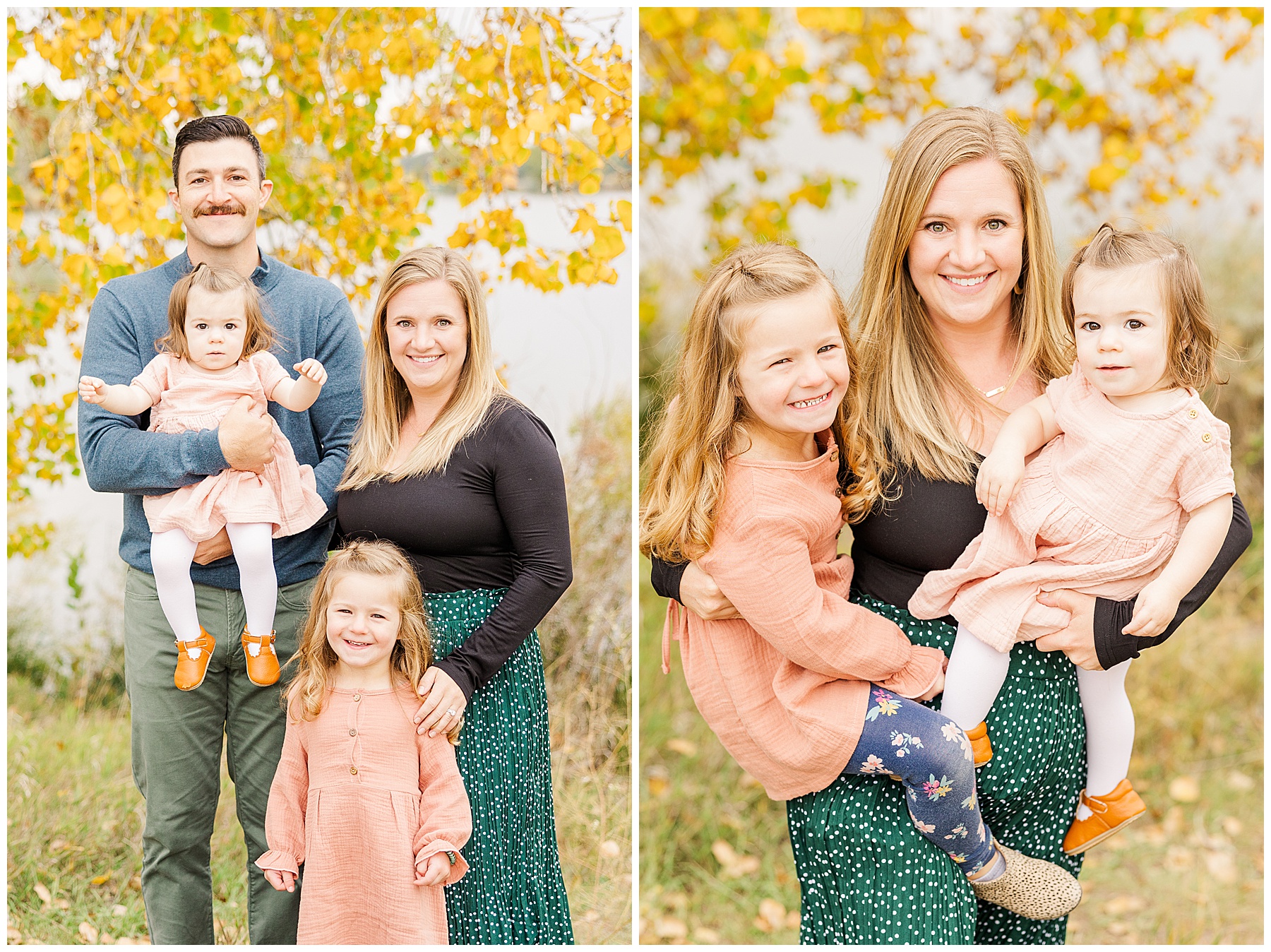 family of 4 smiling at camera with golden yellow tree in background, longmont, co