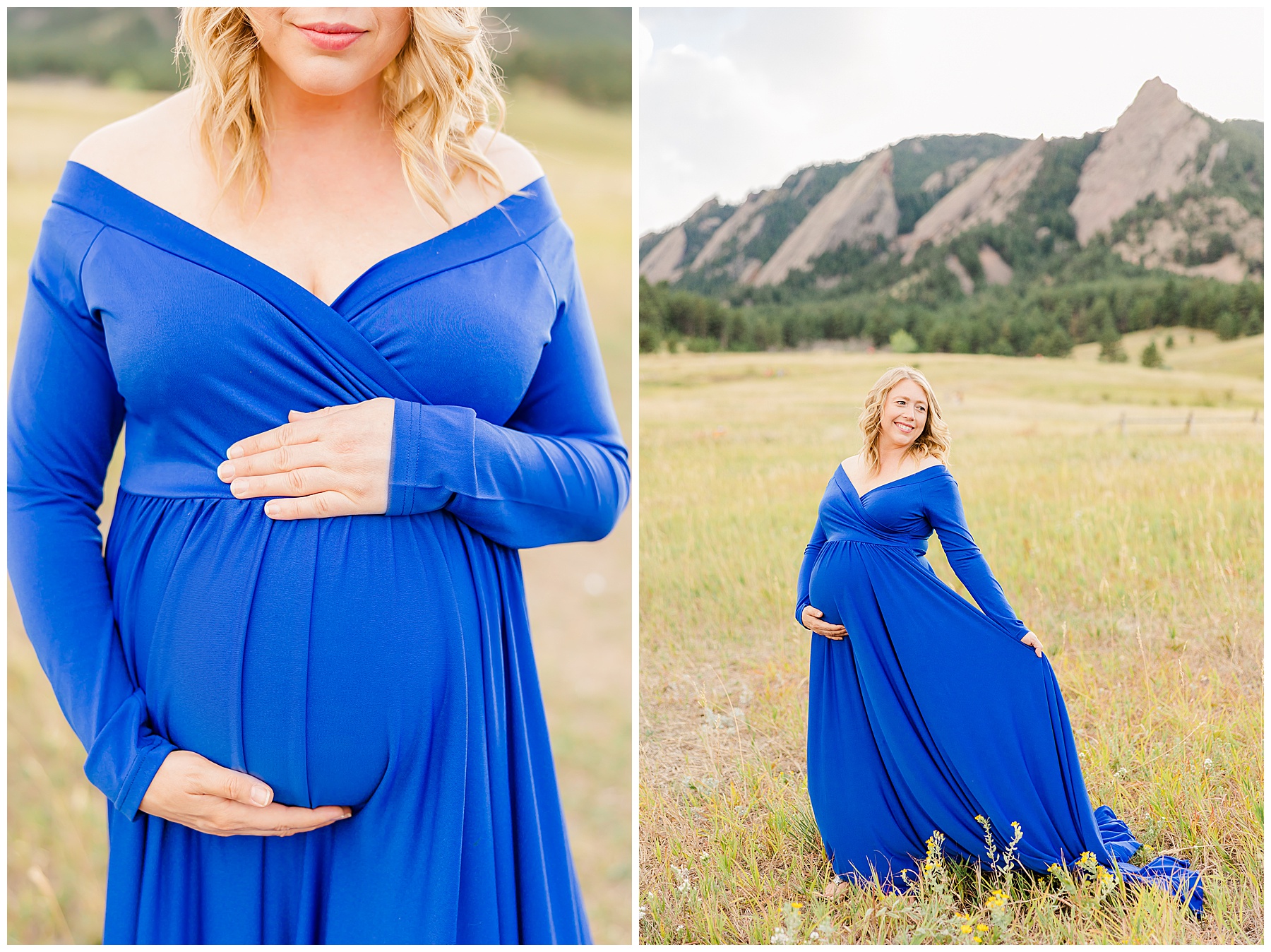 holding maternity dress in front of the flatirons in Boulder CO