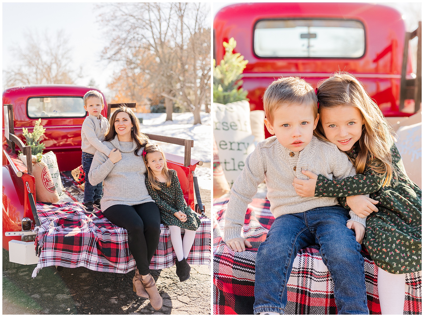 sister hugs her brother during red truck Christmas minis