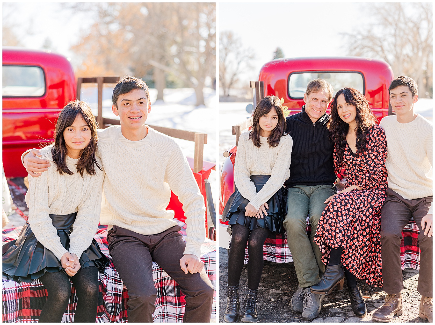 brother and sister pose on truck with snow in the background of their Christmas mini session