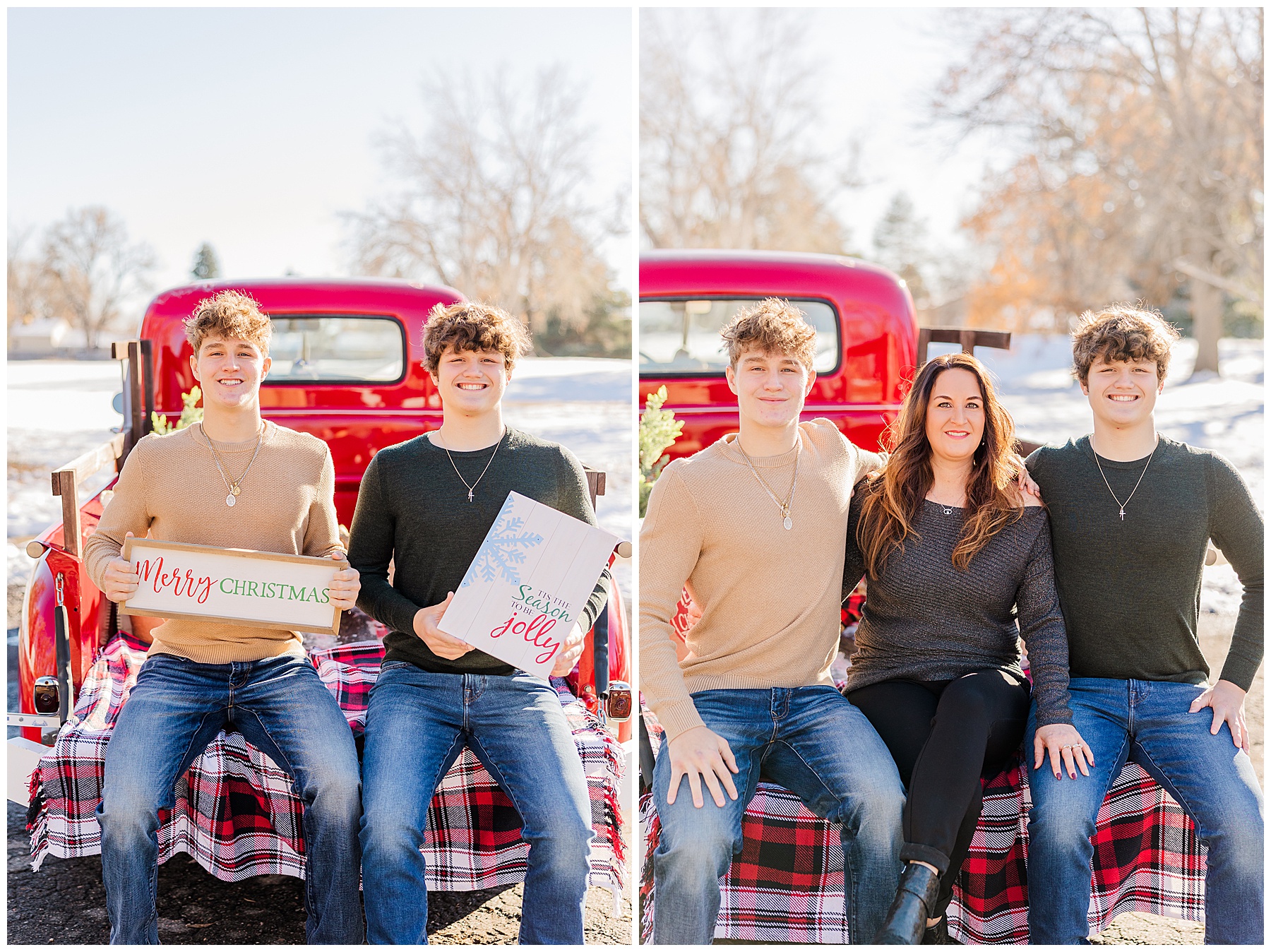 teen brother hold up Christmas signs during minis in Louisville, Colorado