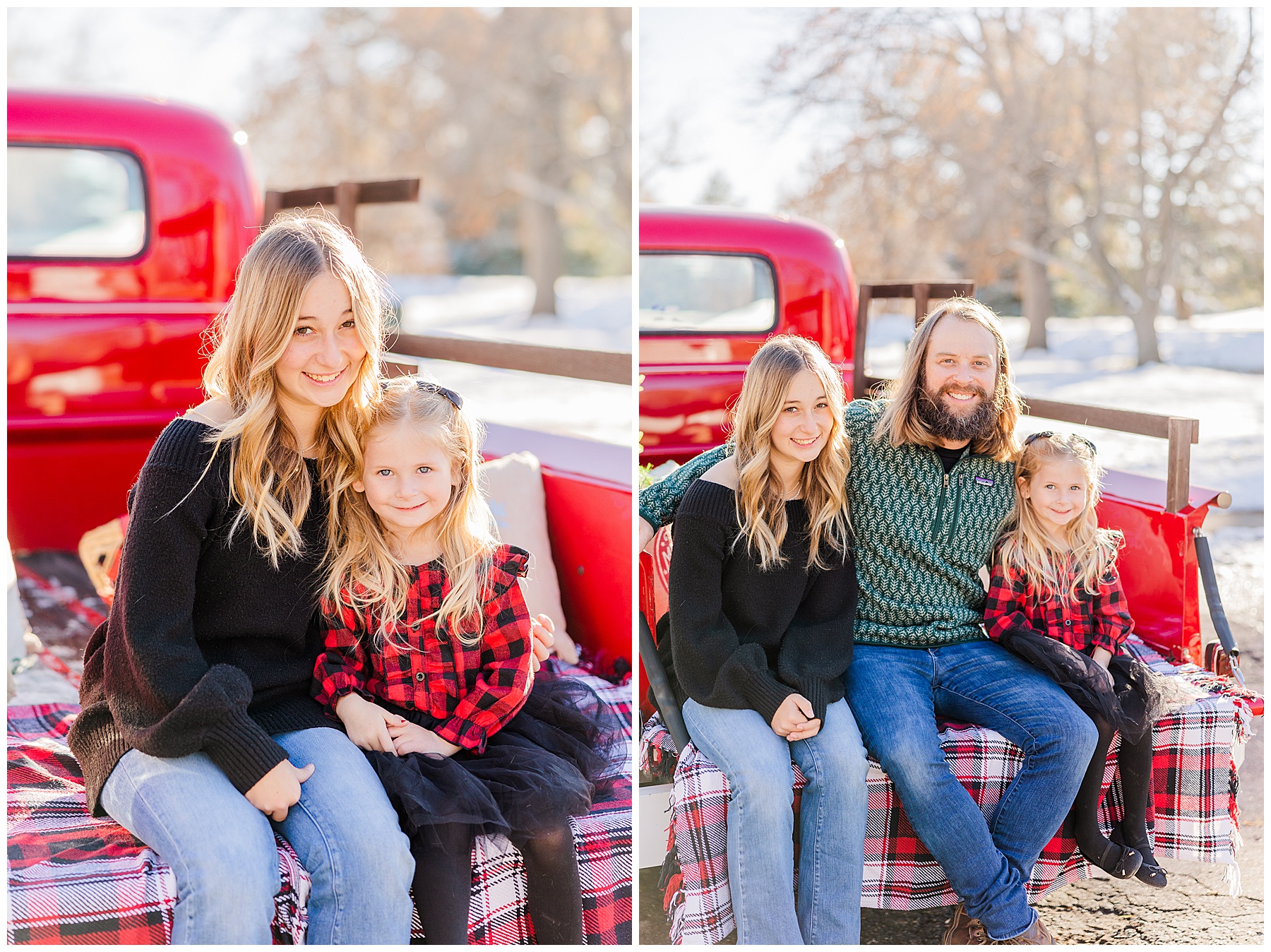 sisters sit on a plaid blanket with snow on the ground of these family photos