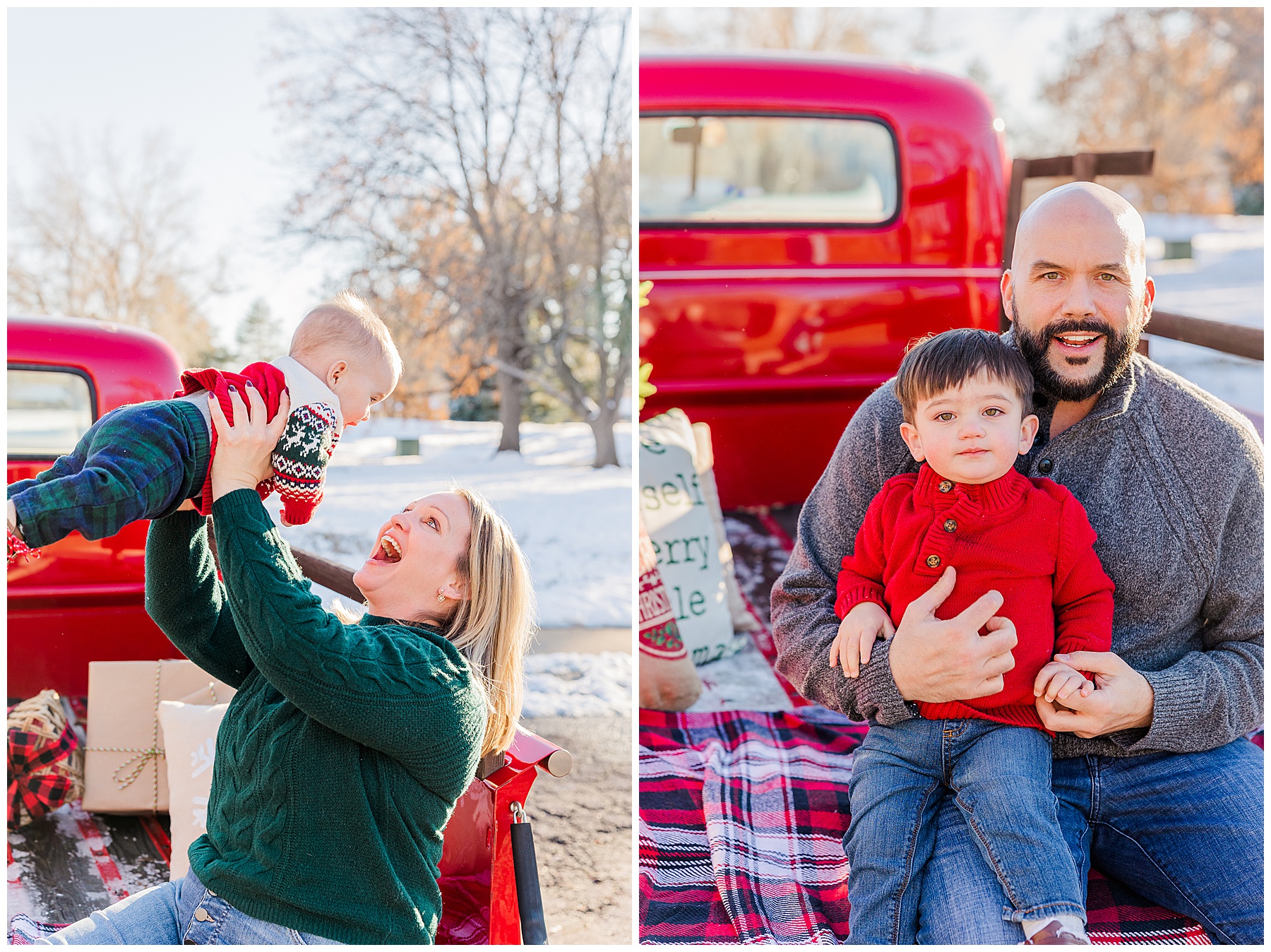 mom holds baby up in the air during Christmas photoshoot in northern CO while snow is on the ground