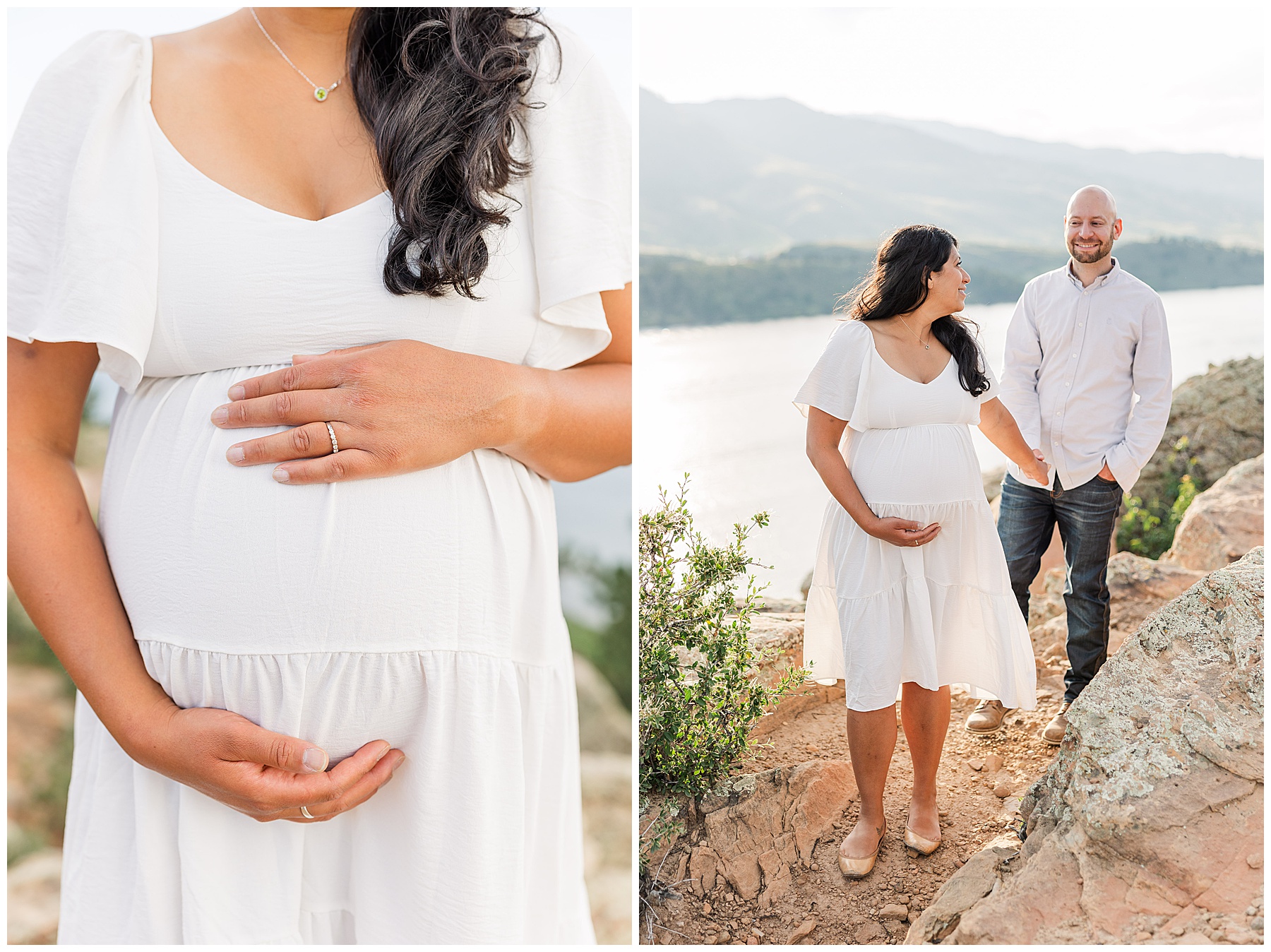 Close up of a mother's belly during the Agnello Family Maternity Session at Horsetooth Reservoir, Fort Collins, CO