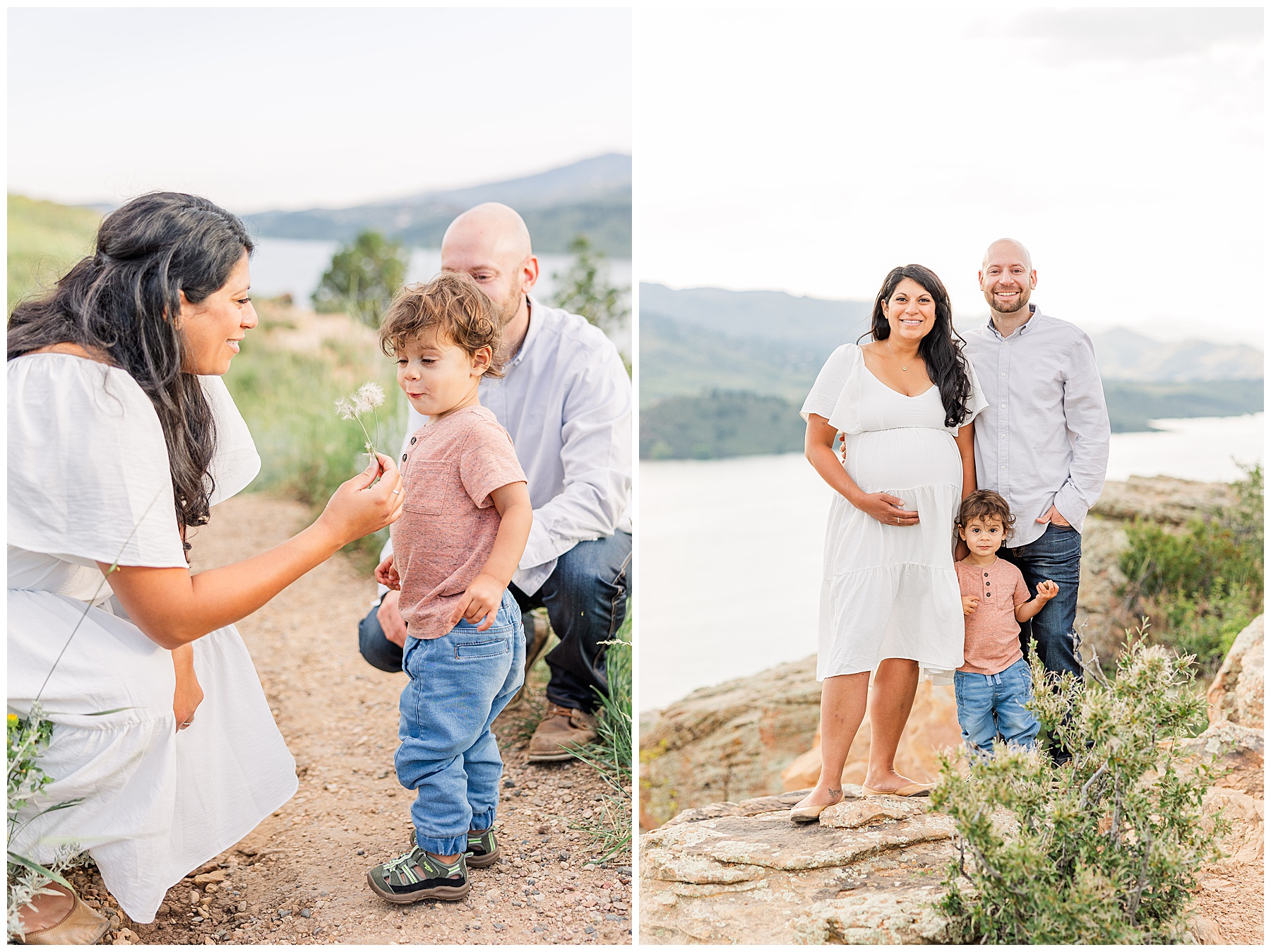 Expecting mother and father squat down to show their toddler a flower during the Agnello Family Maternity Session