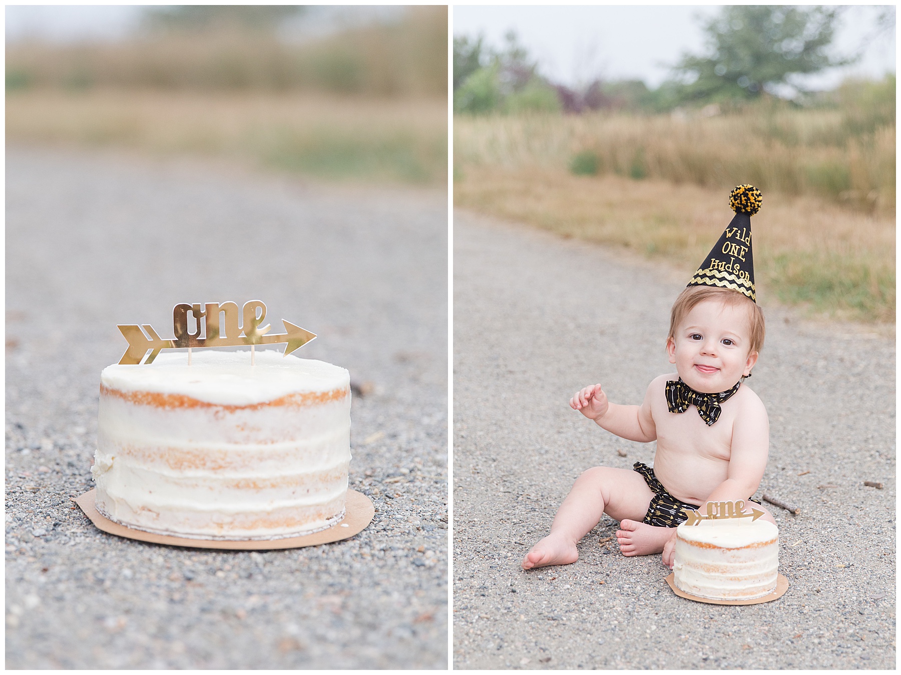 one year old poses with cake