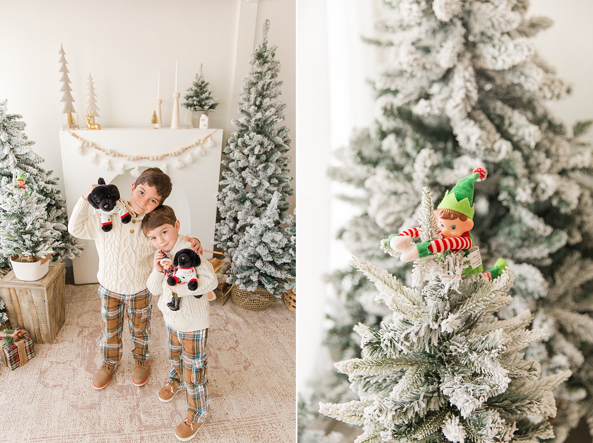 Boys hold matching stuffed animals by Christmas tree