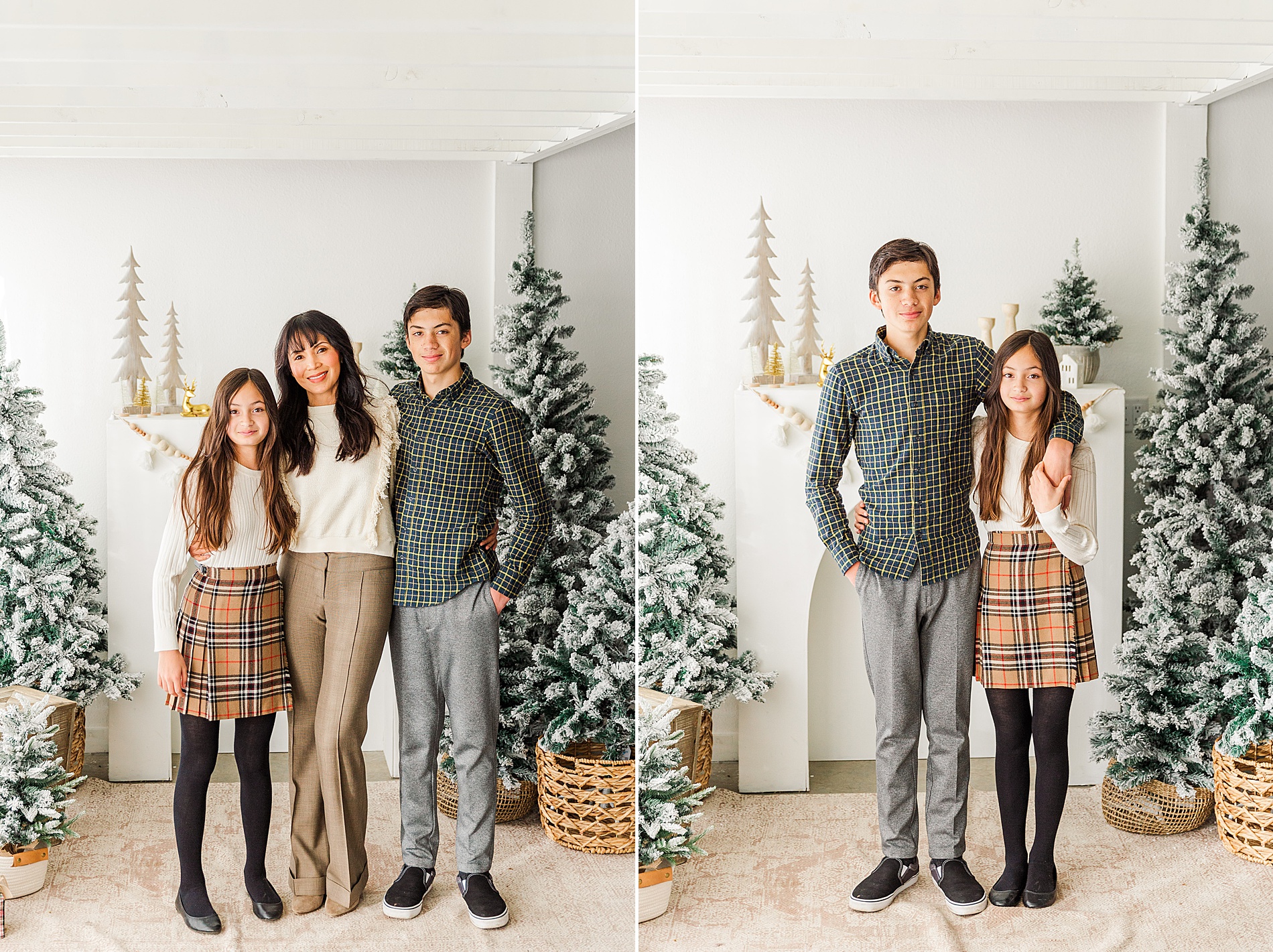 mom stands with her teenage children and siblings pose together during Christmas mini session