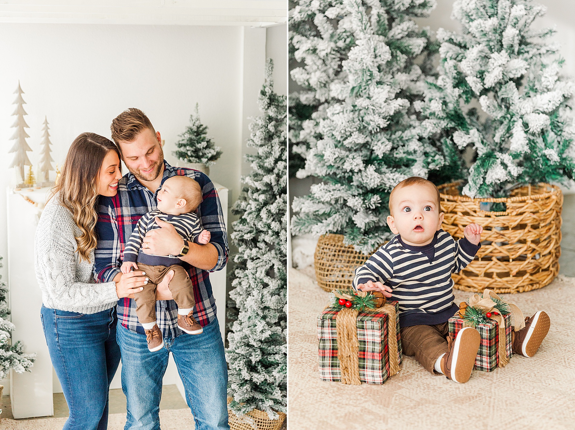 parents look down at their baby boy and baby boy sits next to presents around a tree