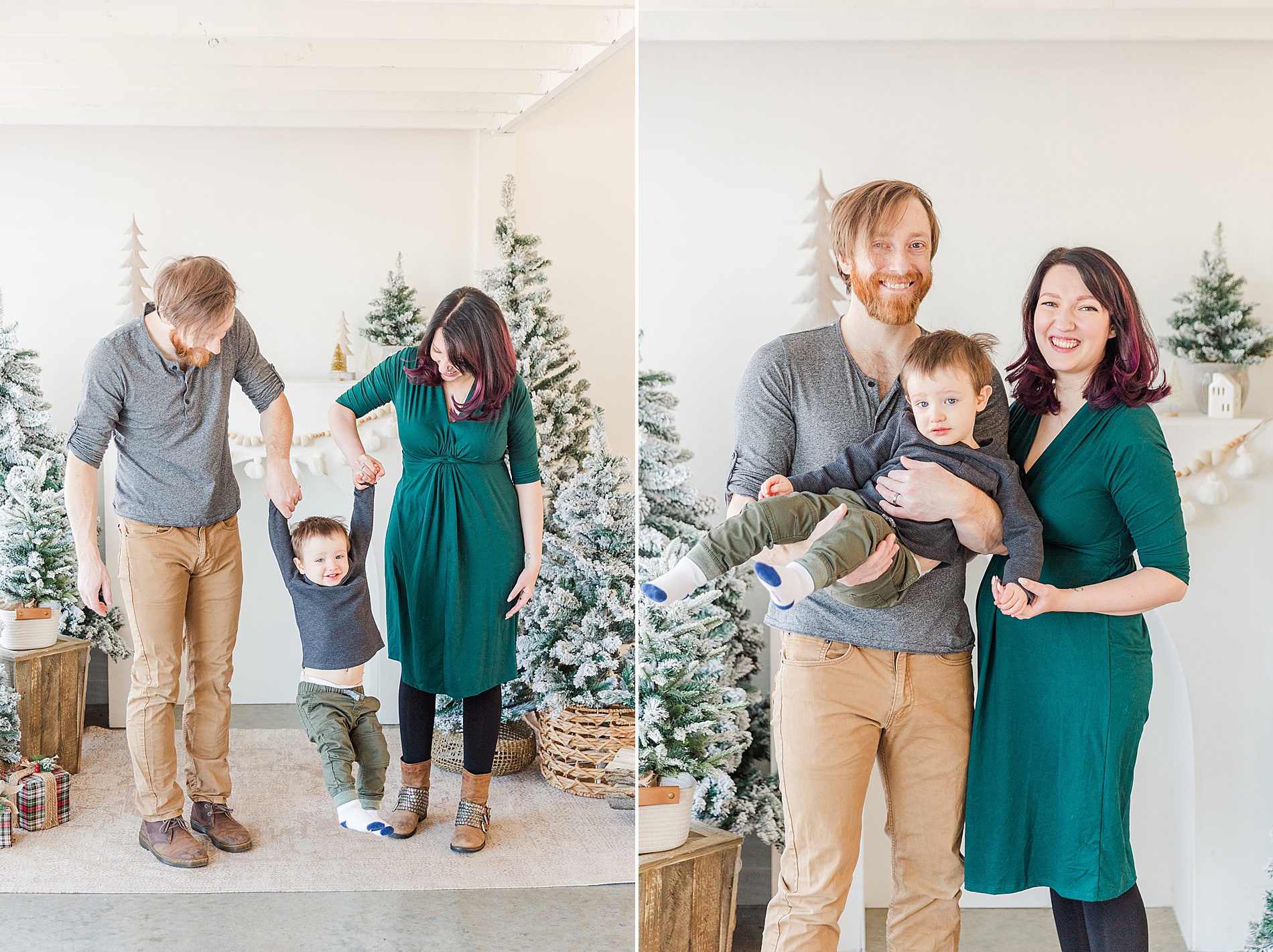 candid moment of parents swing their son in between them during Sugarhill Studio Christmas Mini Sessions
