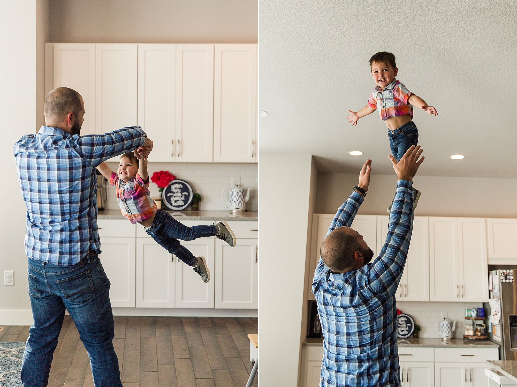 Dad and son having fun as dad throws son up in the air during In Home Newborn and Family session