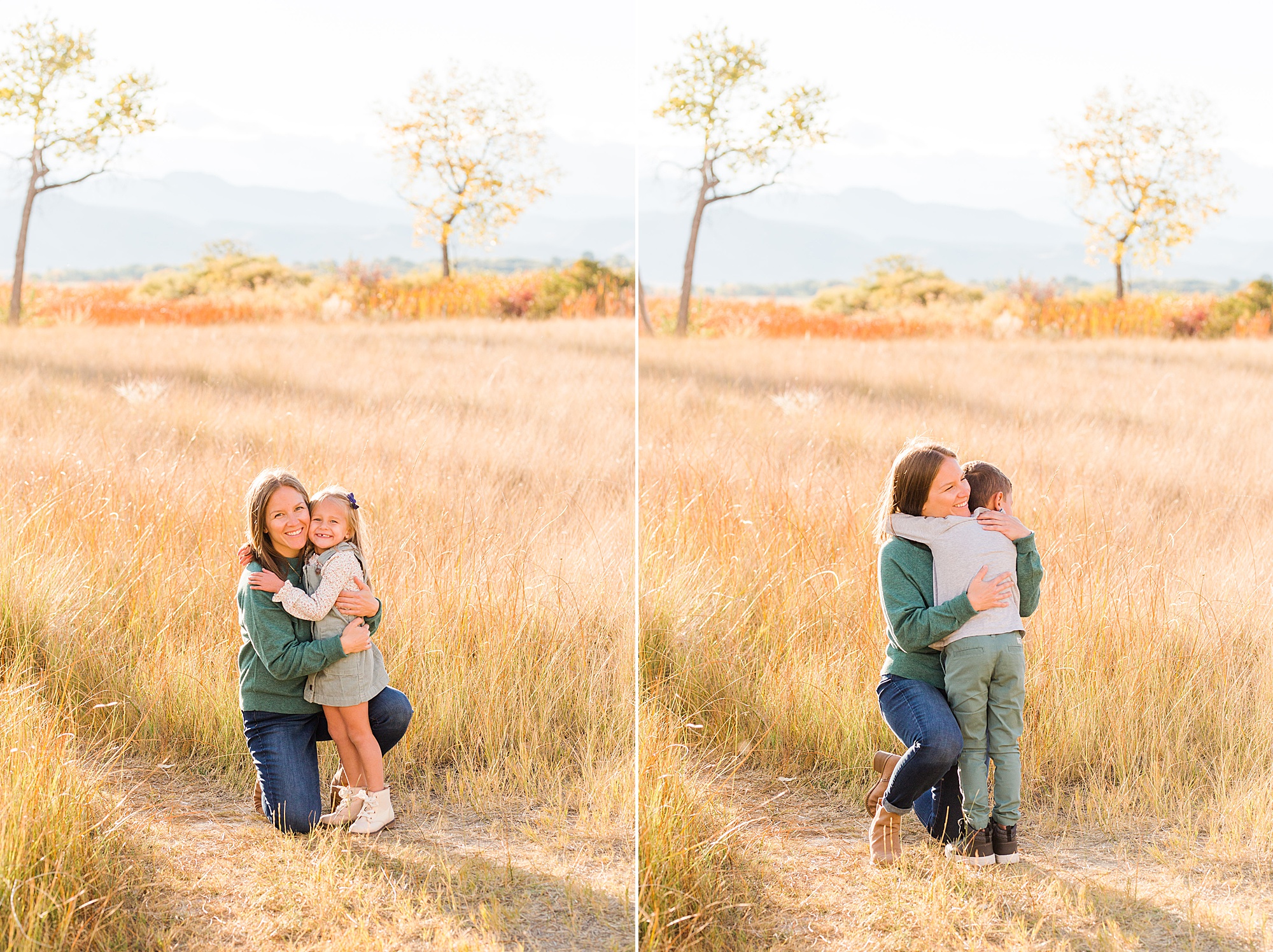 boy and girl hug their mom during Fall Family Mini Sessions in Longmont Colorado