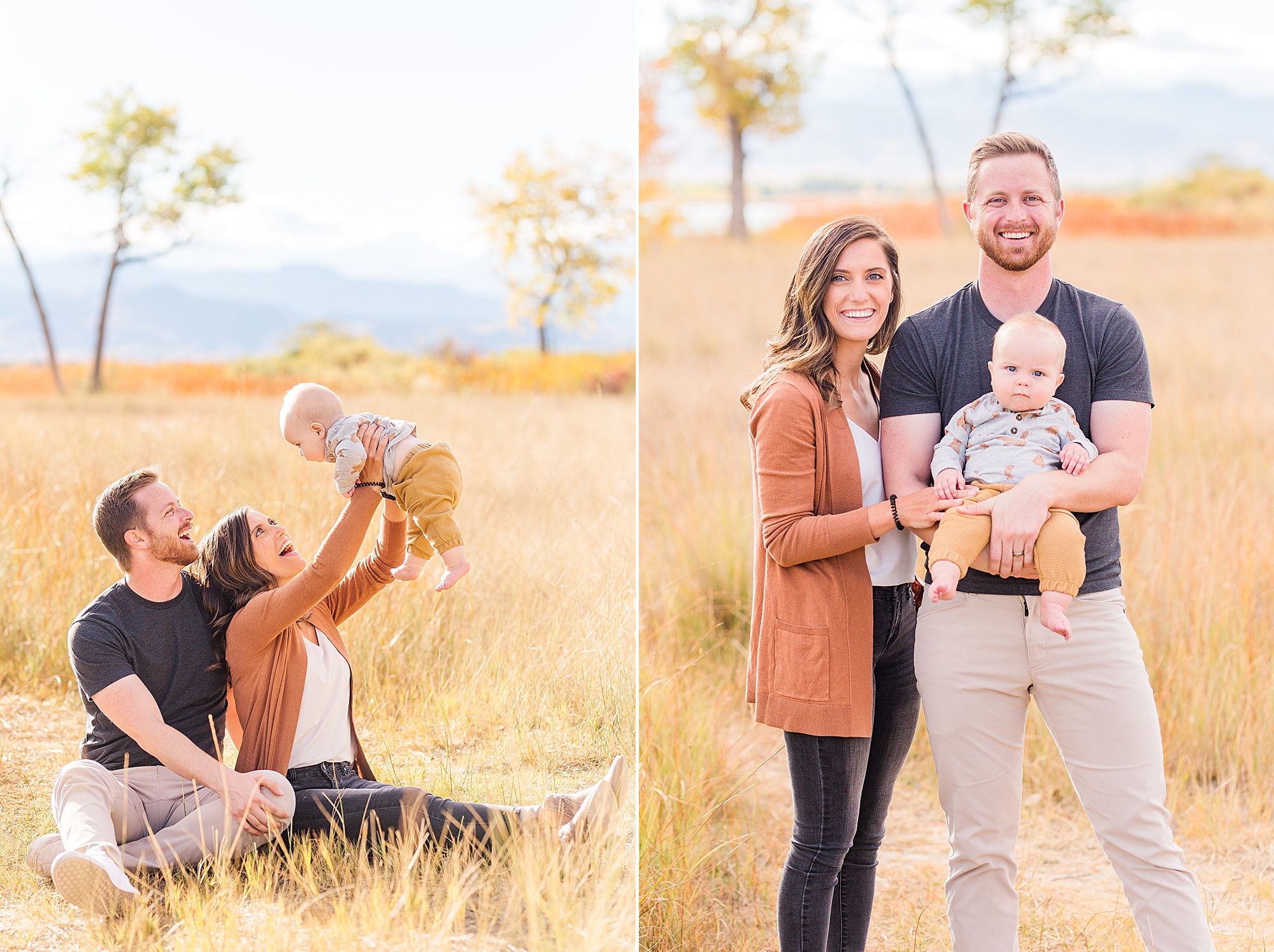 couple hold their newborn during fall family photos