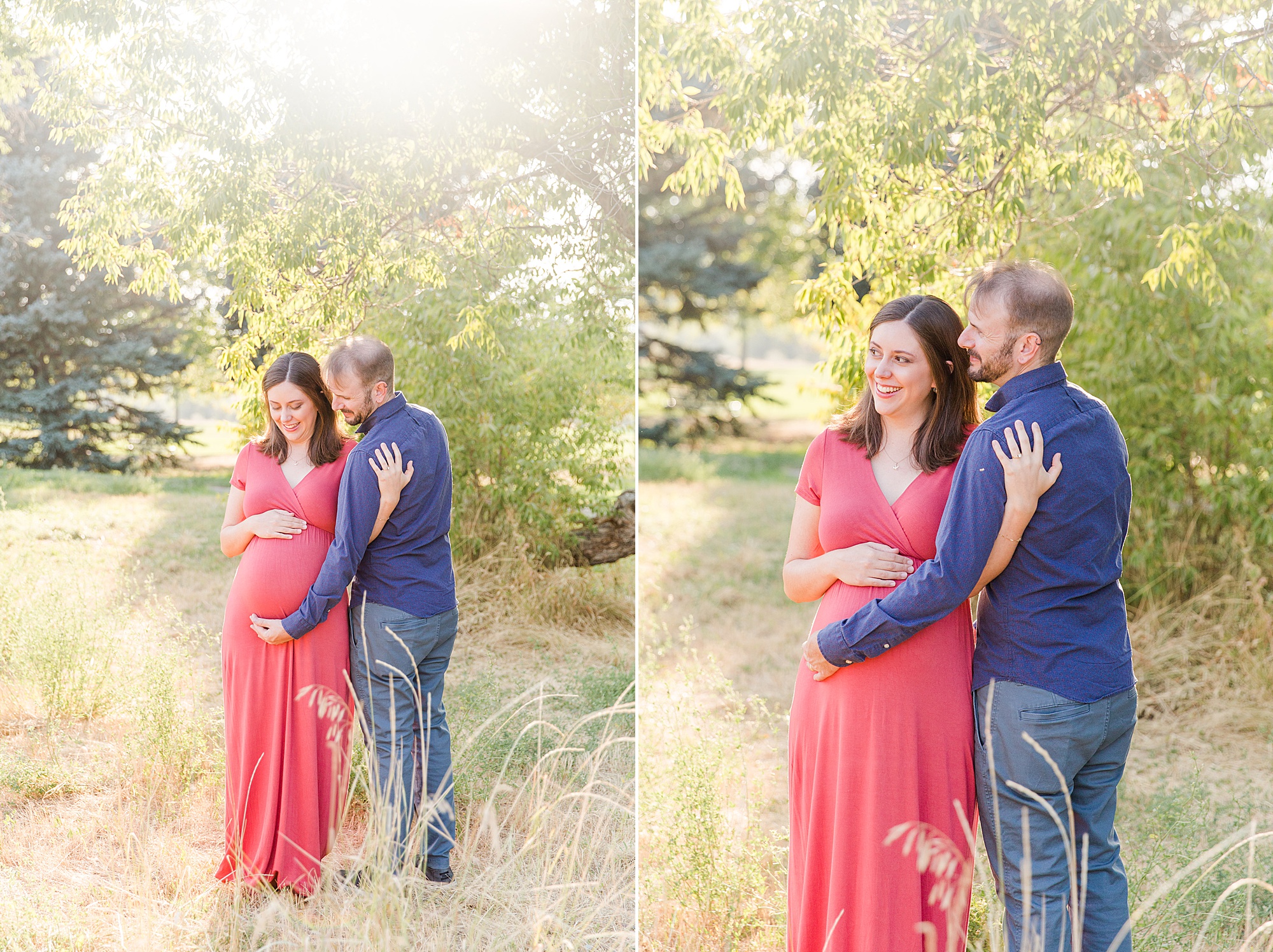 couple wraps arms around each other during maternity session