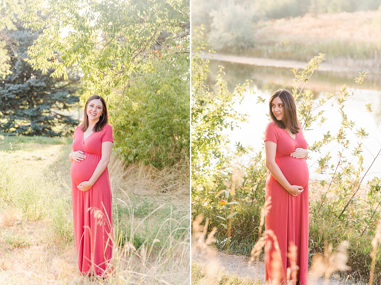 Pregnant woman holds baby bump near tall grass by lake