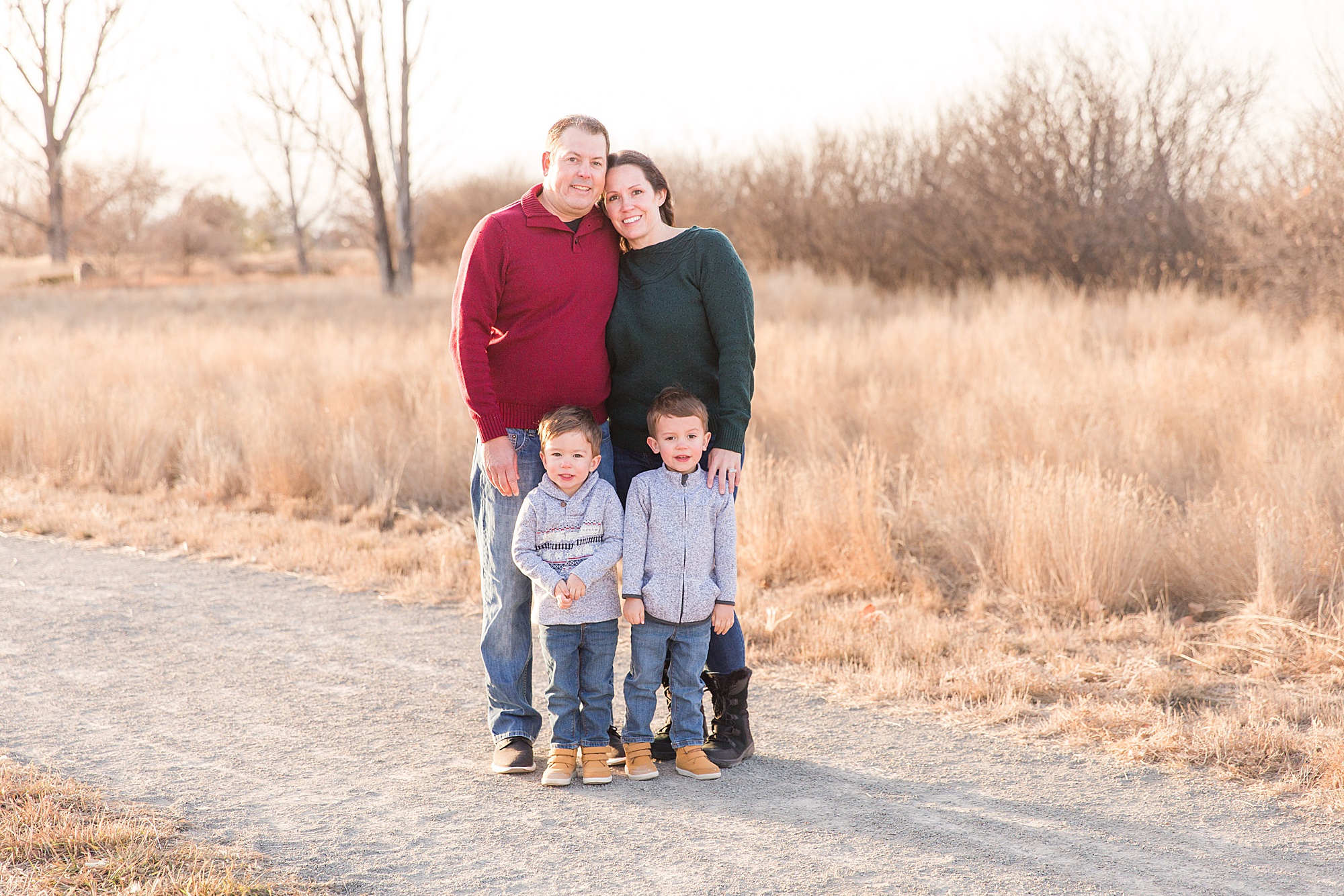 family of four during Boulder Twins Club Mini Sessions at Jim Hamm Nature Area in Longmont, CO