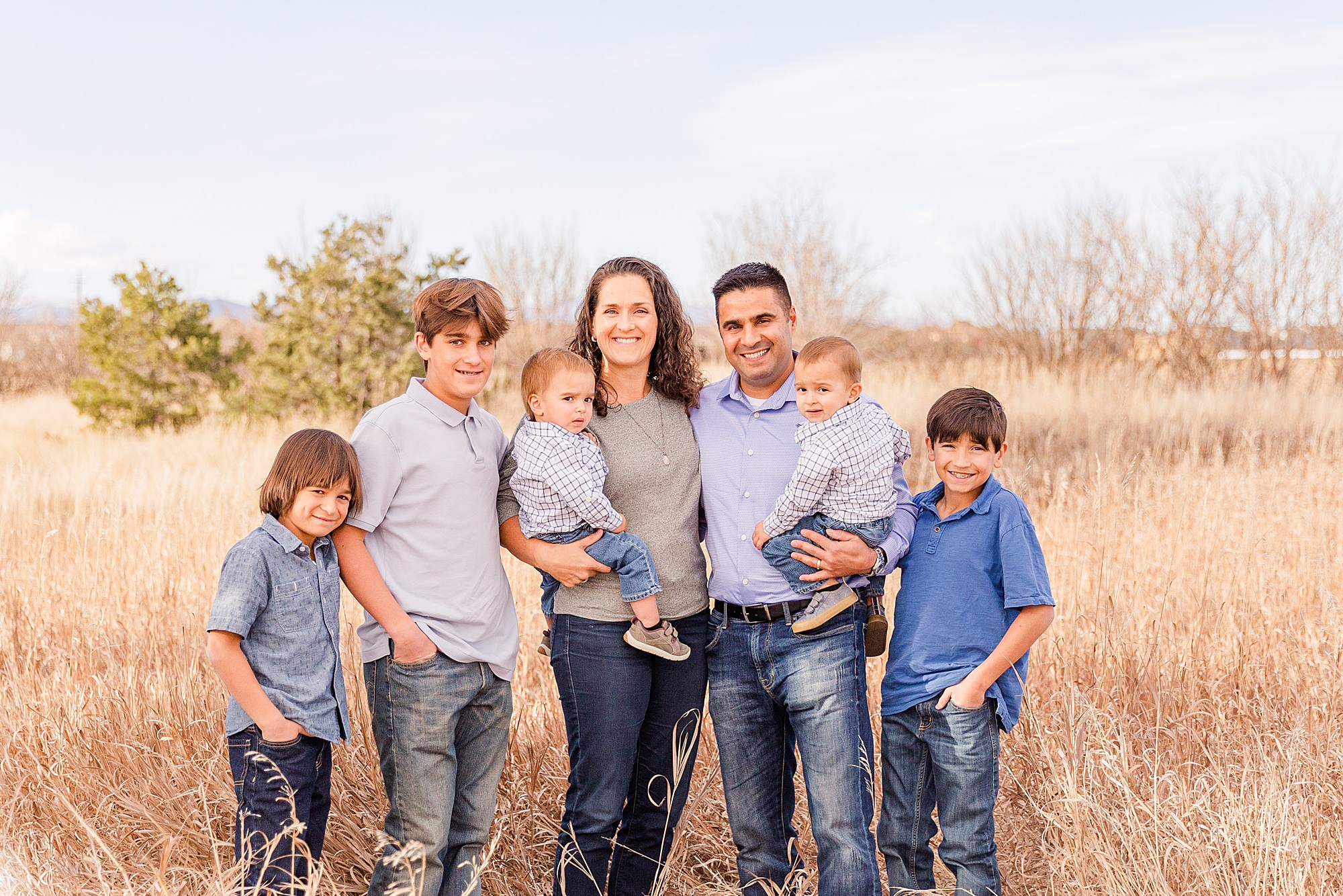family of 7 during Boulder Twins Club Mini Sessions at Jim Hamm Nature Area in Longmont, CO
