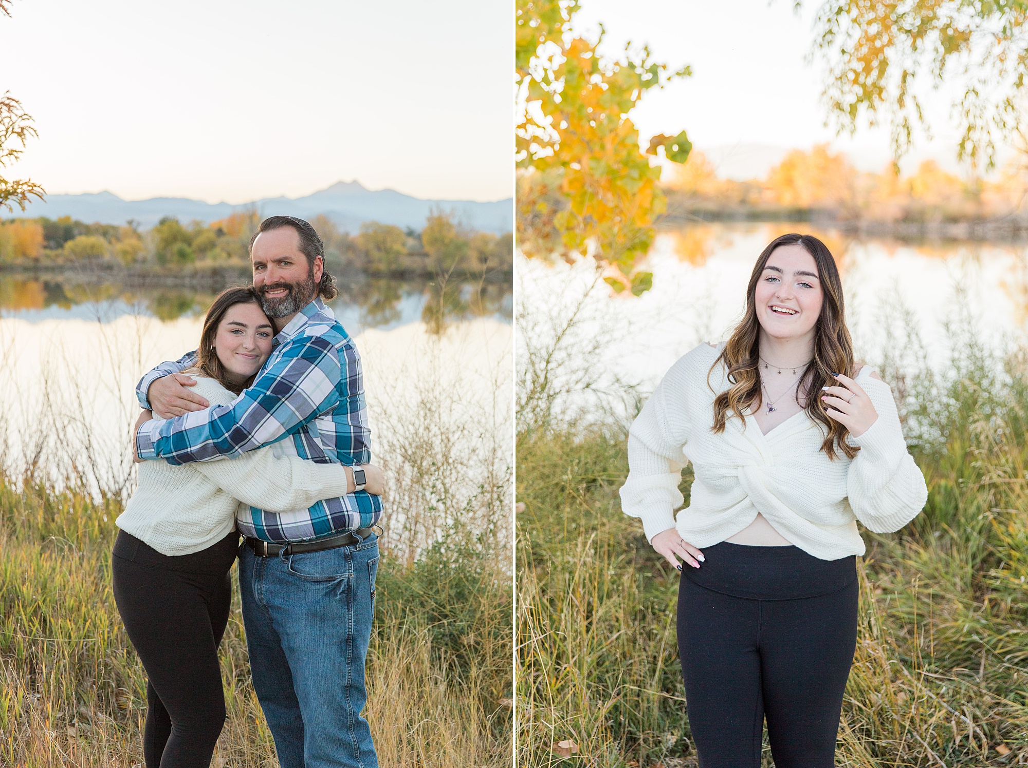 dad hugs daughter by pond in Colorado