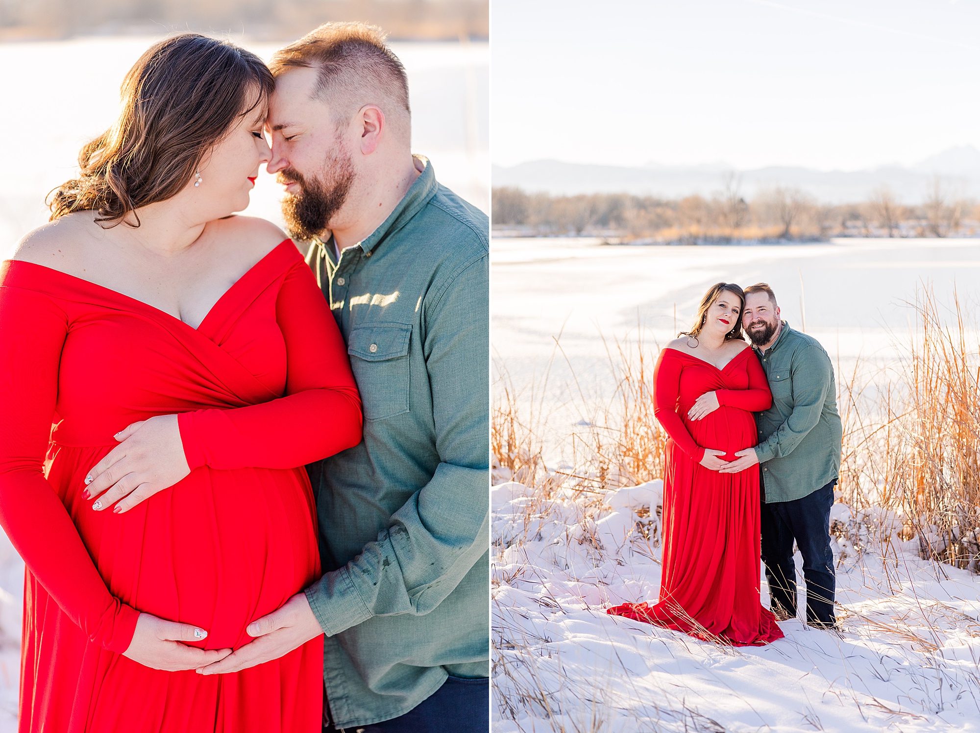 expectant parents lean in and hold baby bump during maternity portraits
