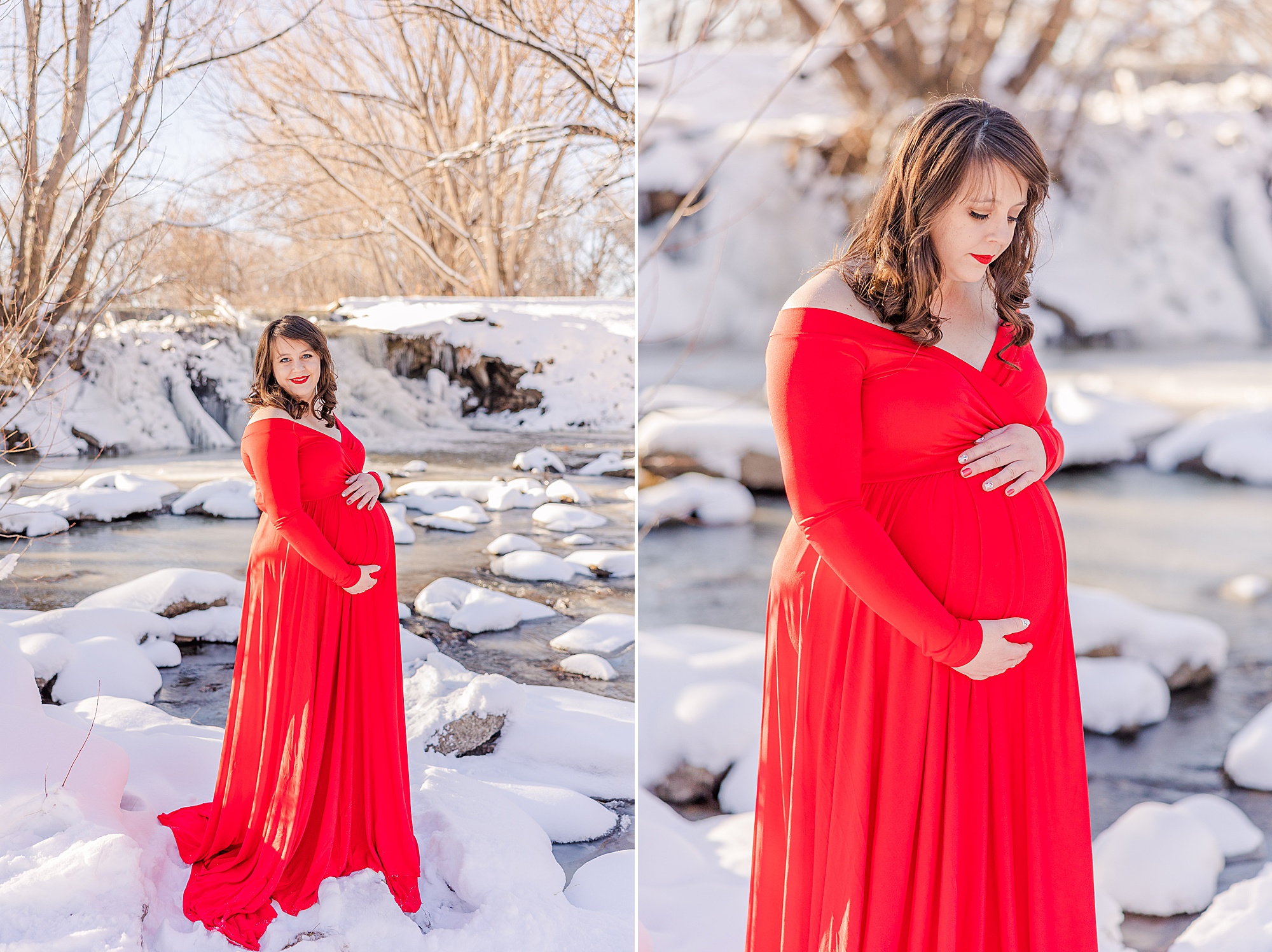 pregnant woman in red flowing dress during Winter Maternity session
