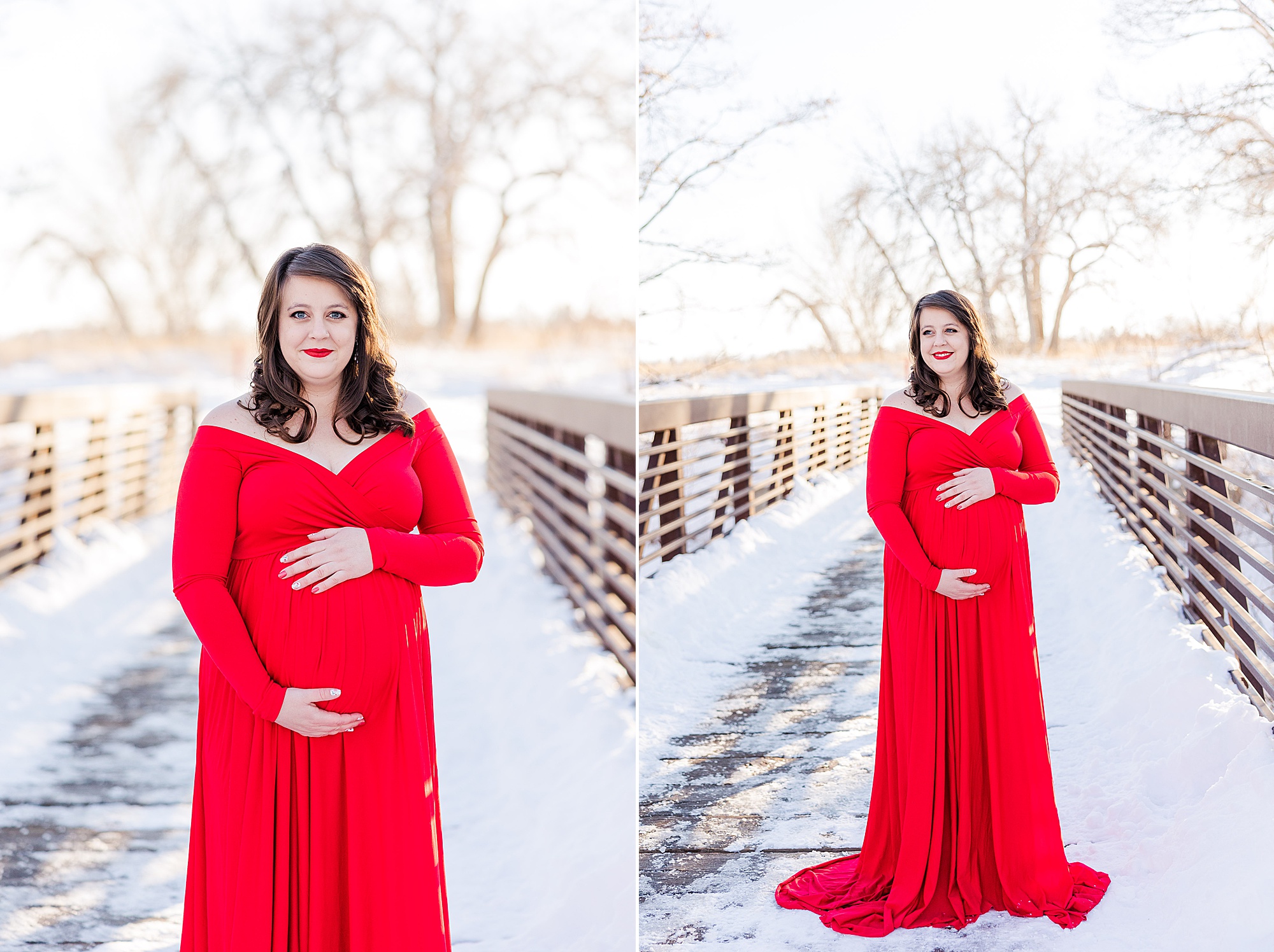winter maternity session with mom in red