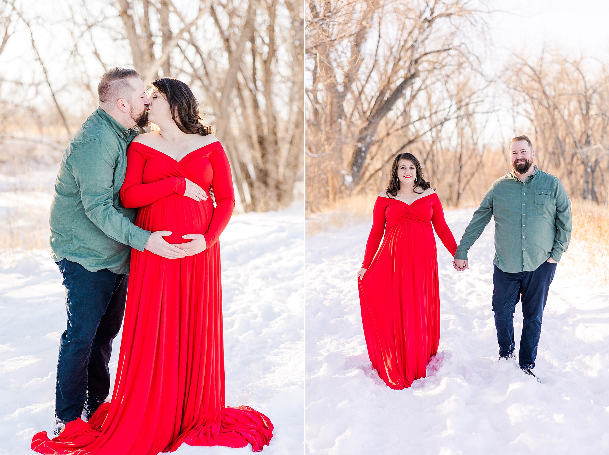 couple hold hands and kiss during maternity session