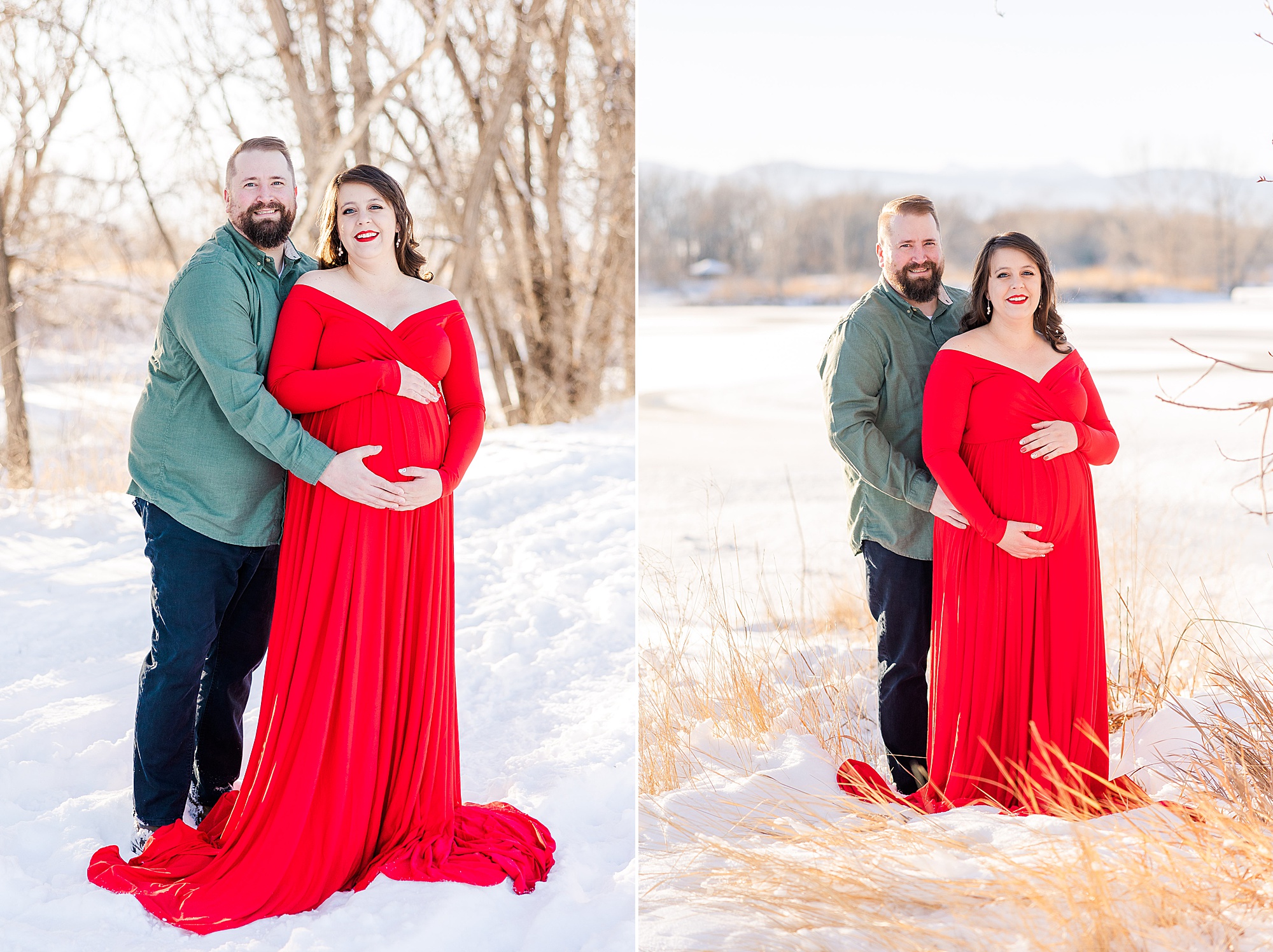 husband holds wife's baby bump during winter maternity session