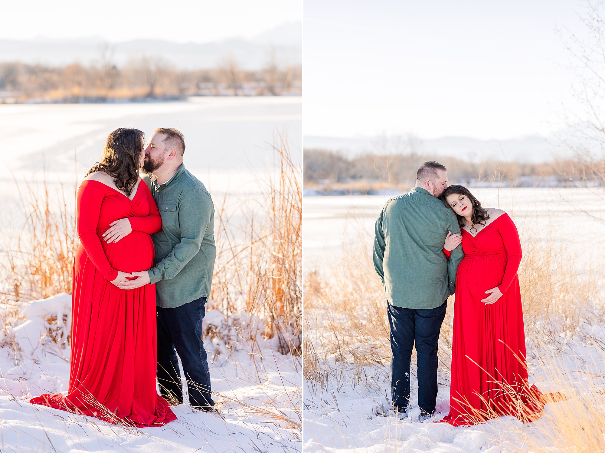 couple kiss during maternity session at Golden Ponds