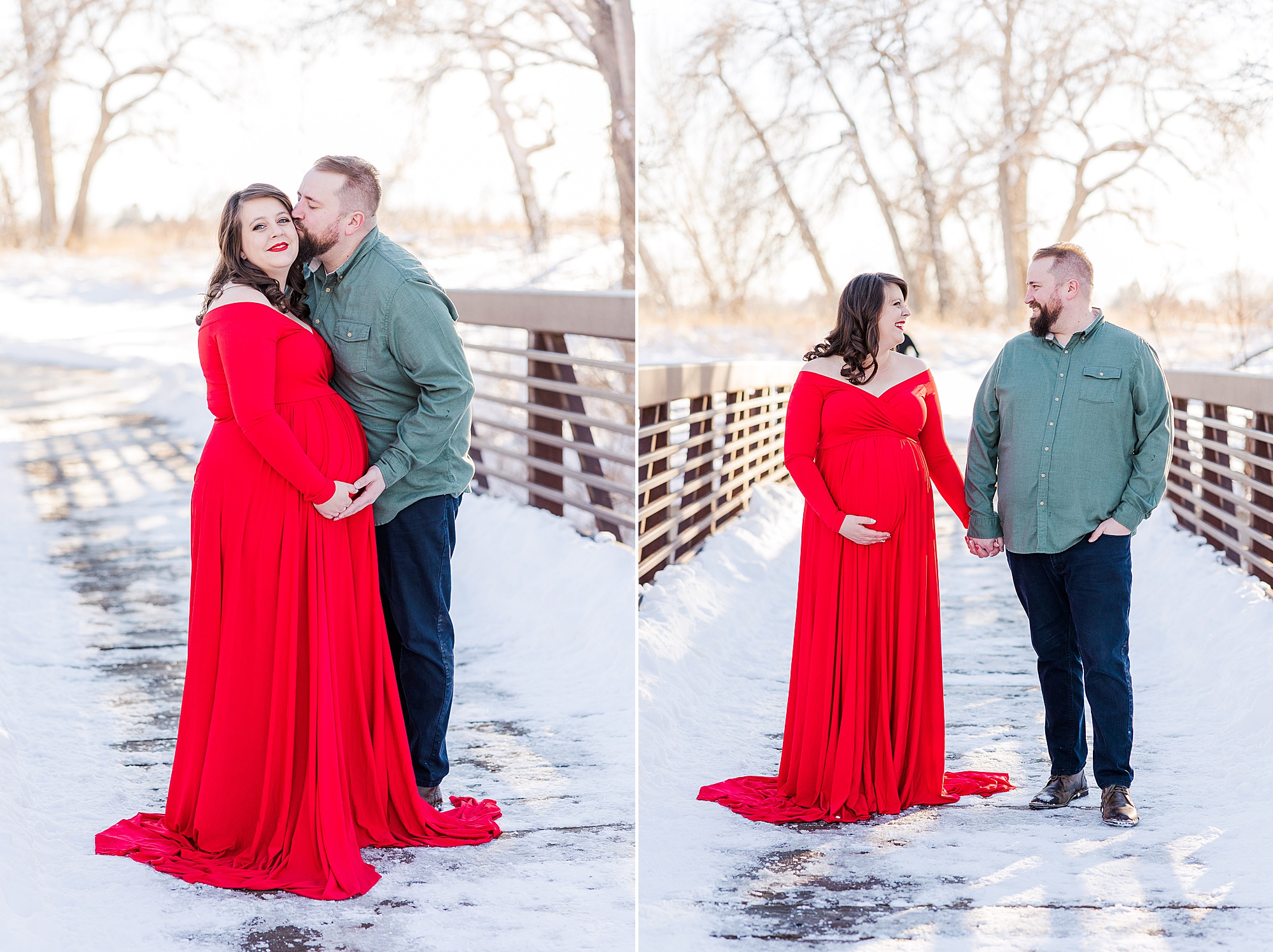 couple on snow covered bridge at Golden Ponds in Longmont CO
