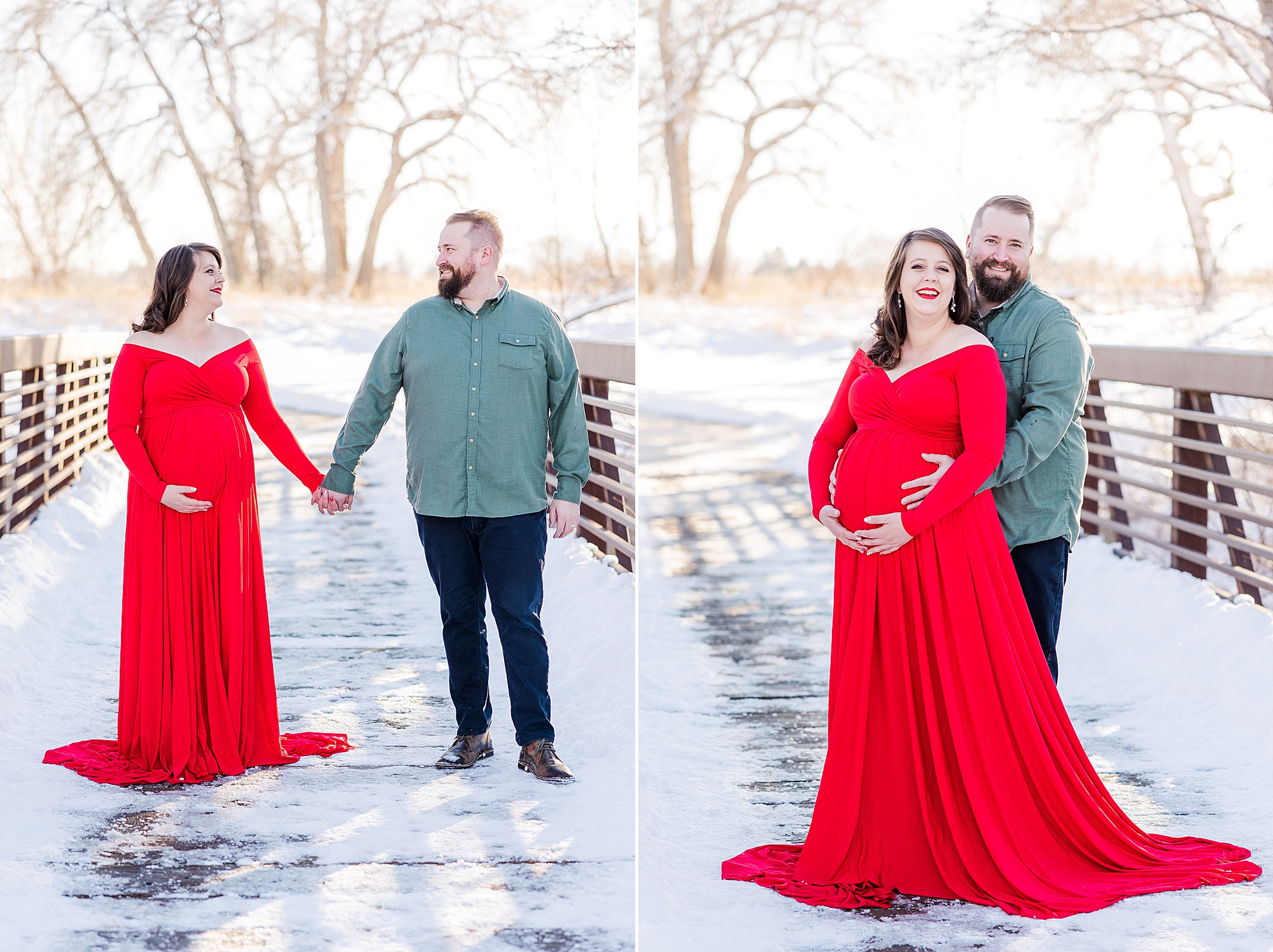 woman in red maternity gown during CO winter maternity session