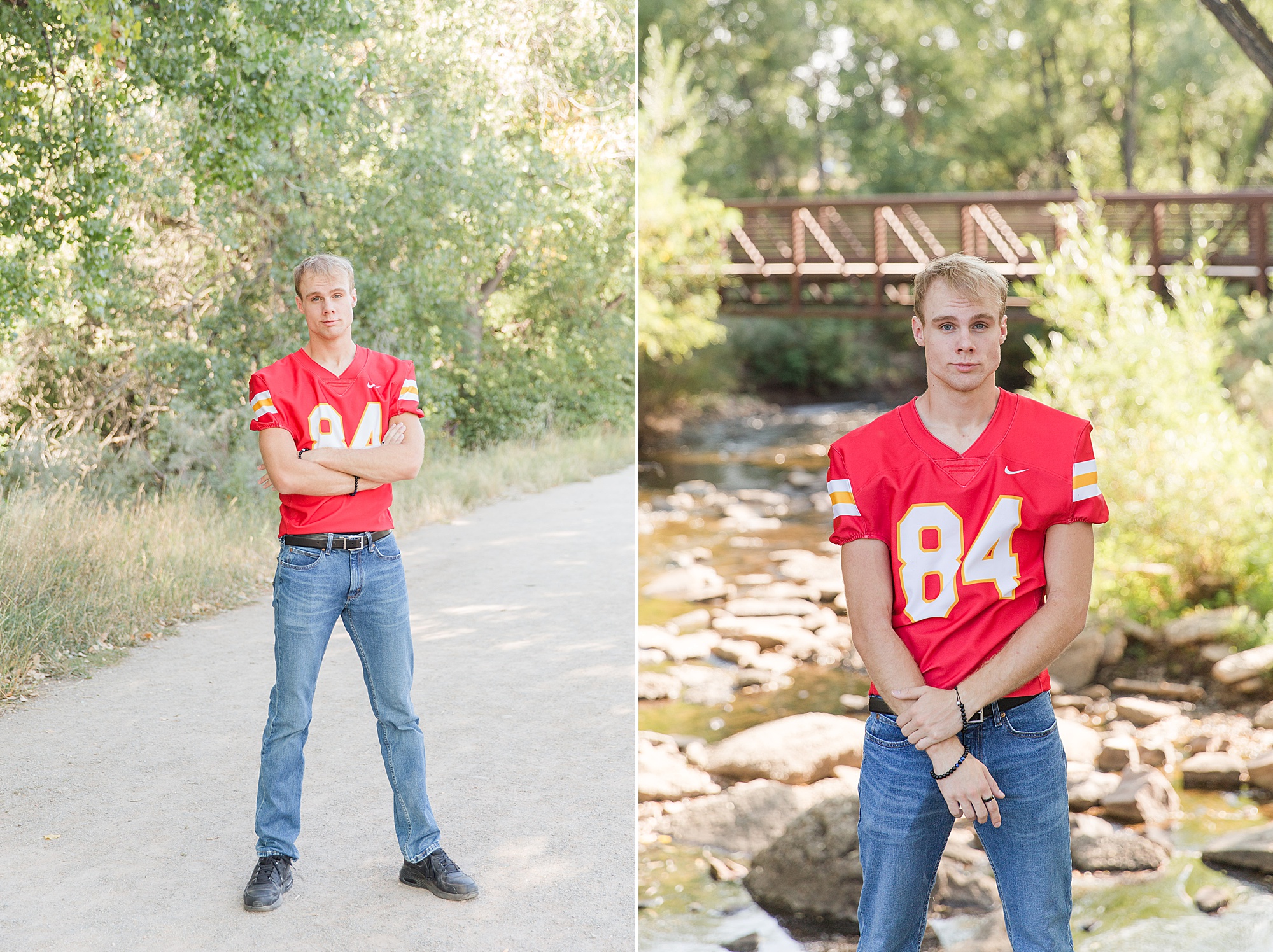 senior poses in red football jersey