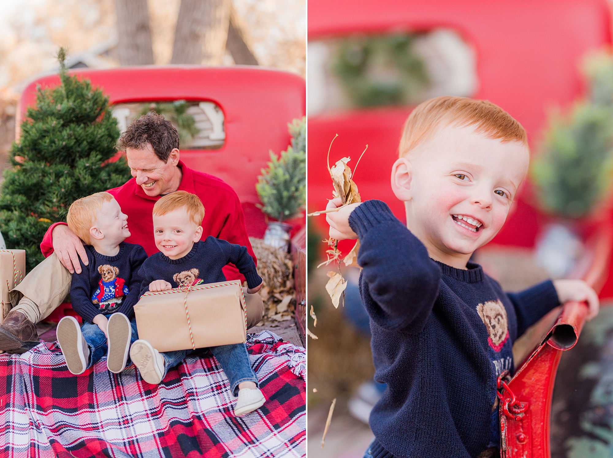 brothers hold presents in the back of red truck during christmas mini session
