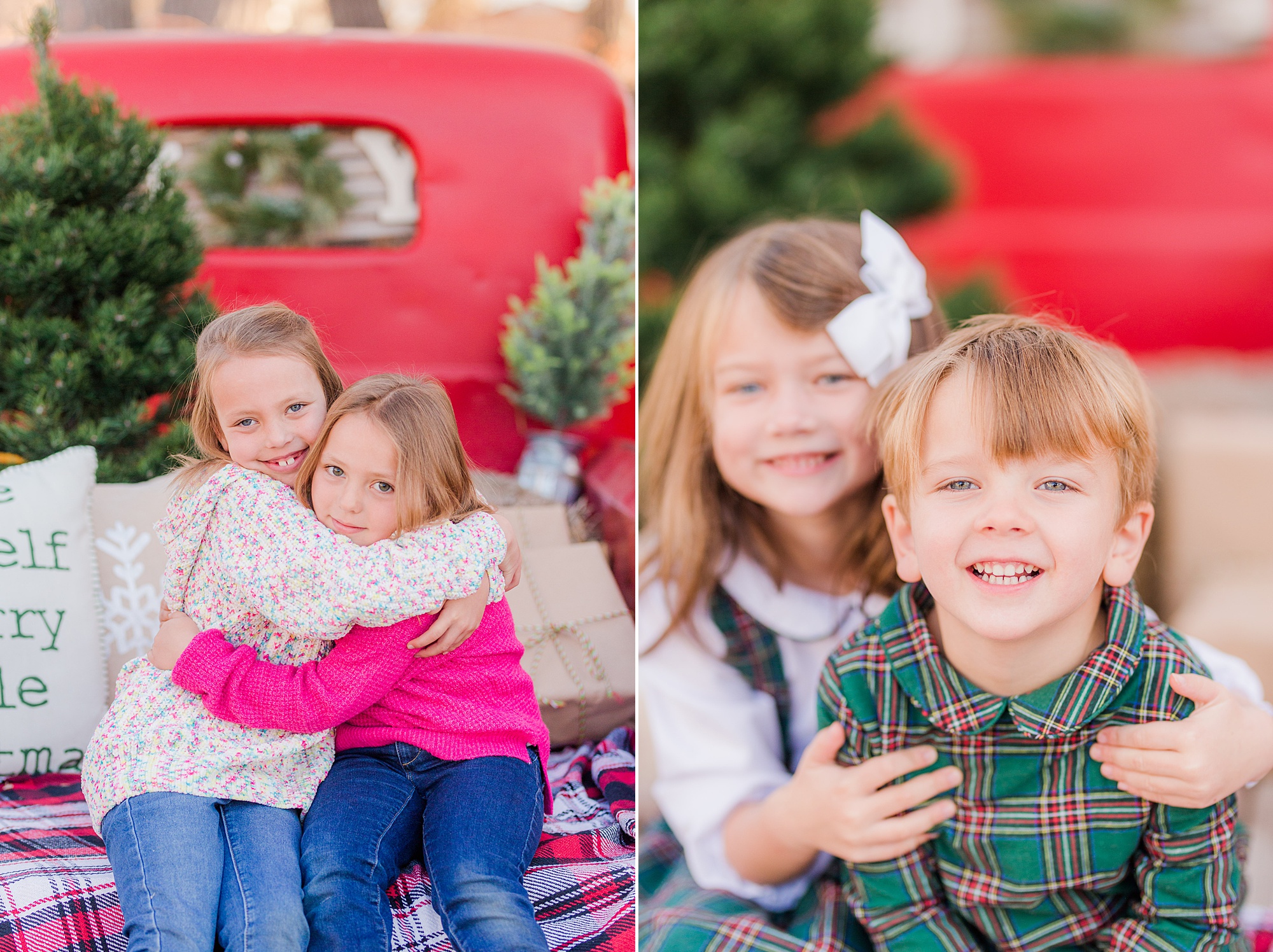 siblings hug during christmas farm mini session