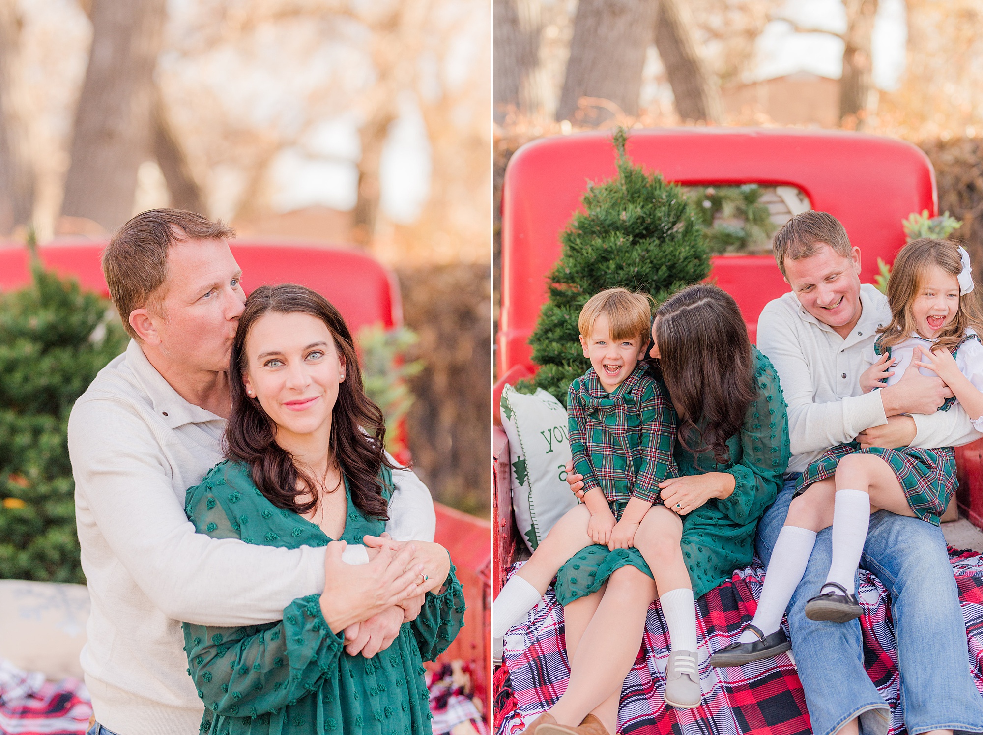 family of four during Christmas Red Truck Mini Sessions in Loveland, Colorado