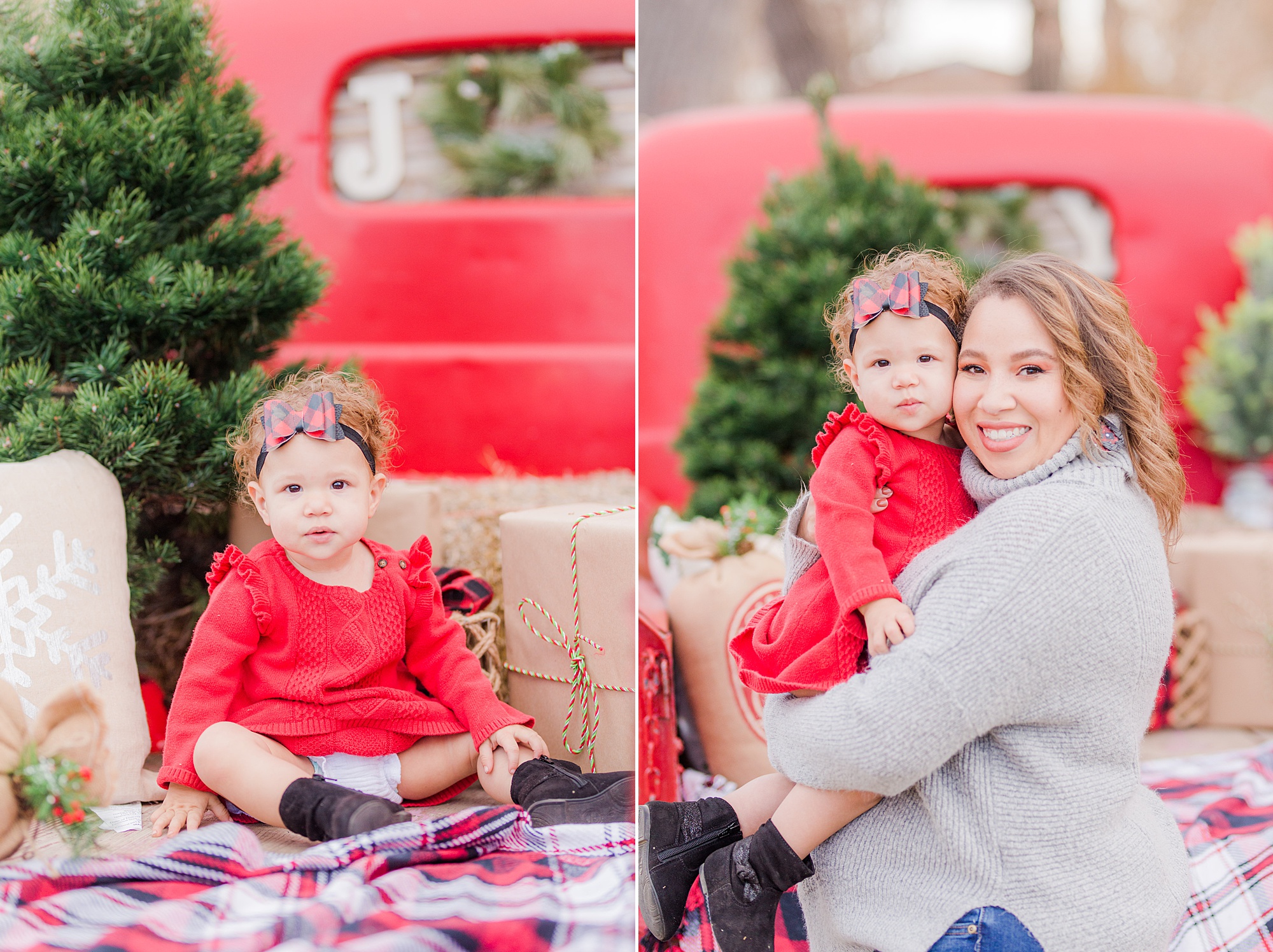 mom holds child during christmas family session