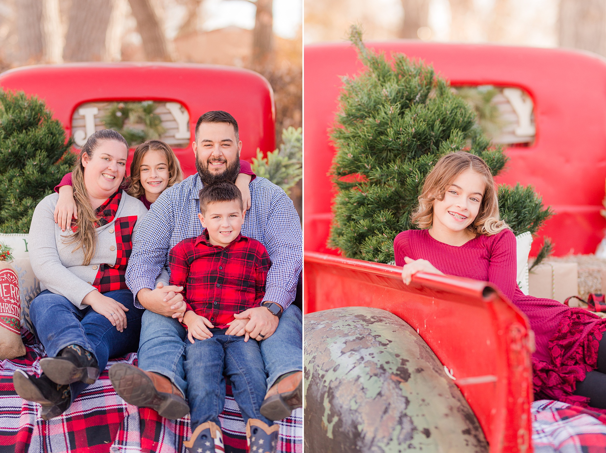 family sits in bed of red pickup truck for holiday themed session