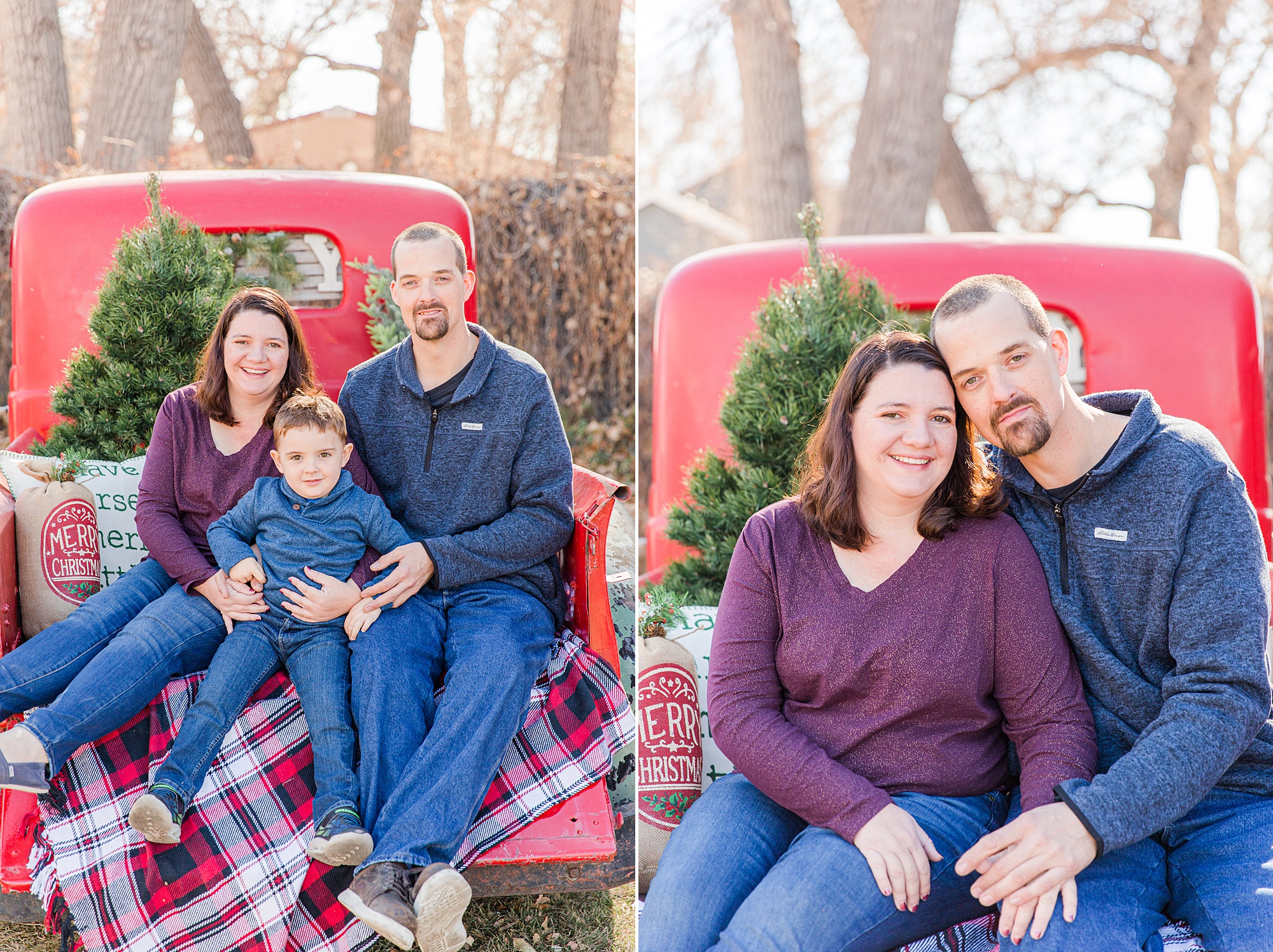 Family of three during Christmas Red Truck Mini Sessions