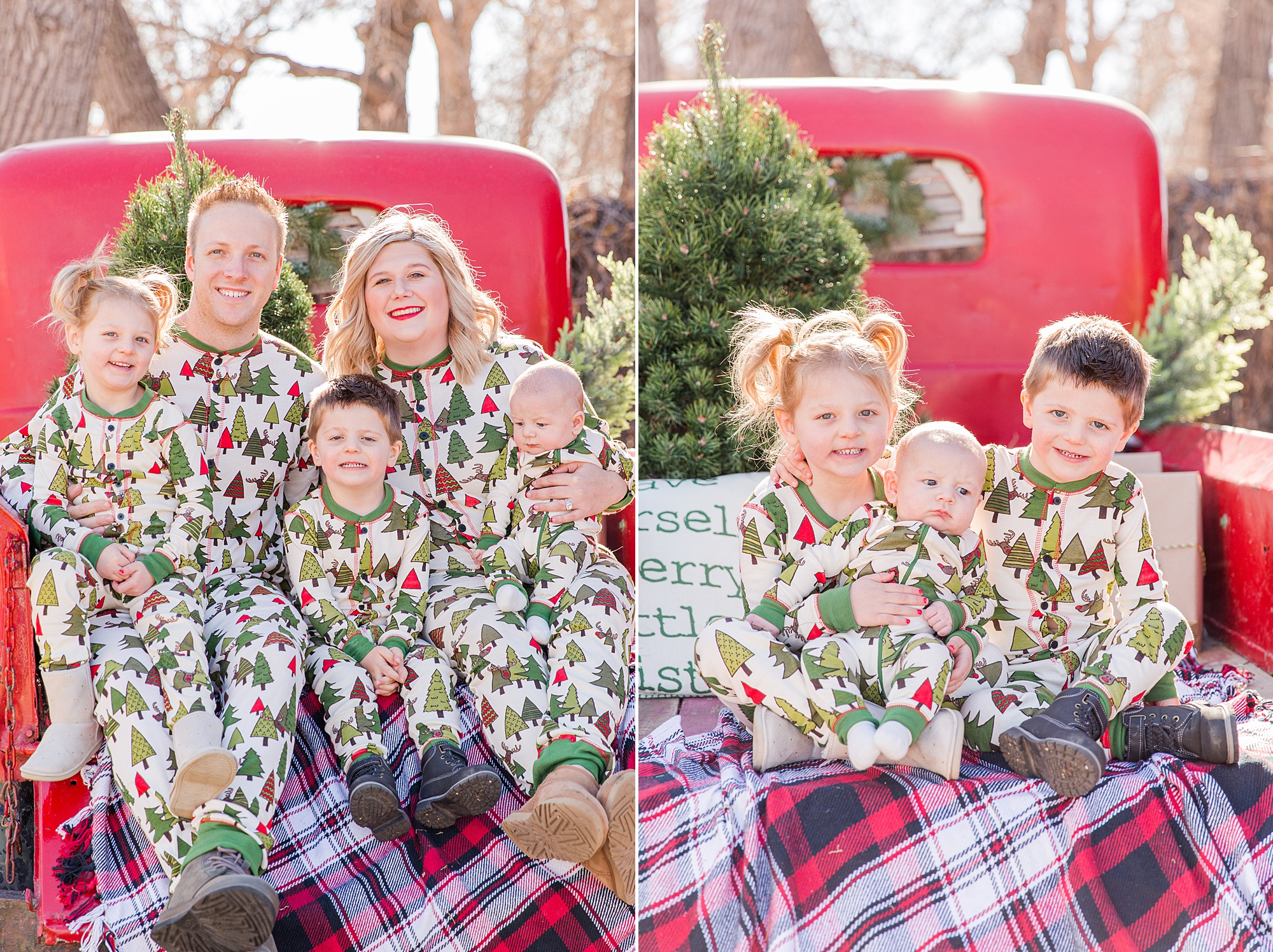 Family of five wears matching christmas pjs during Christmas mini session in Loveland CO