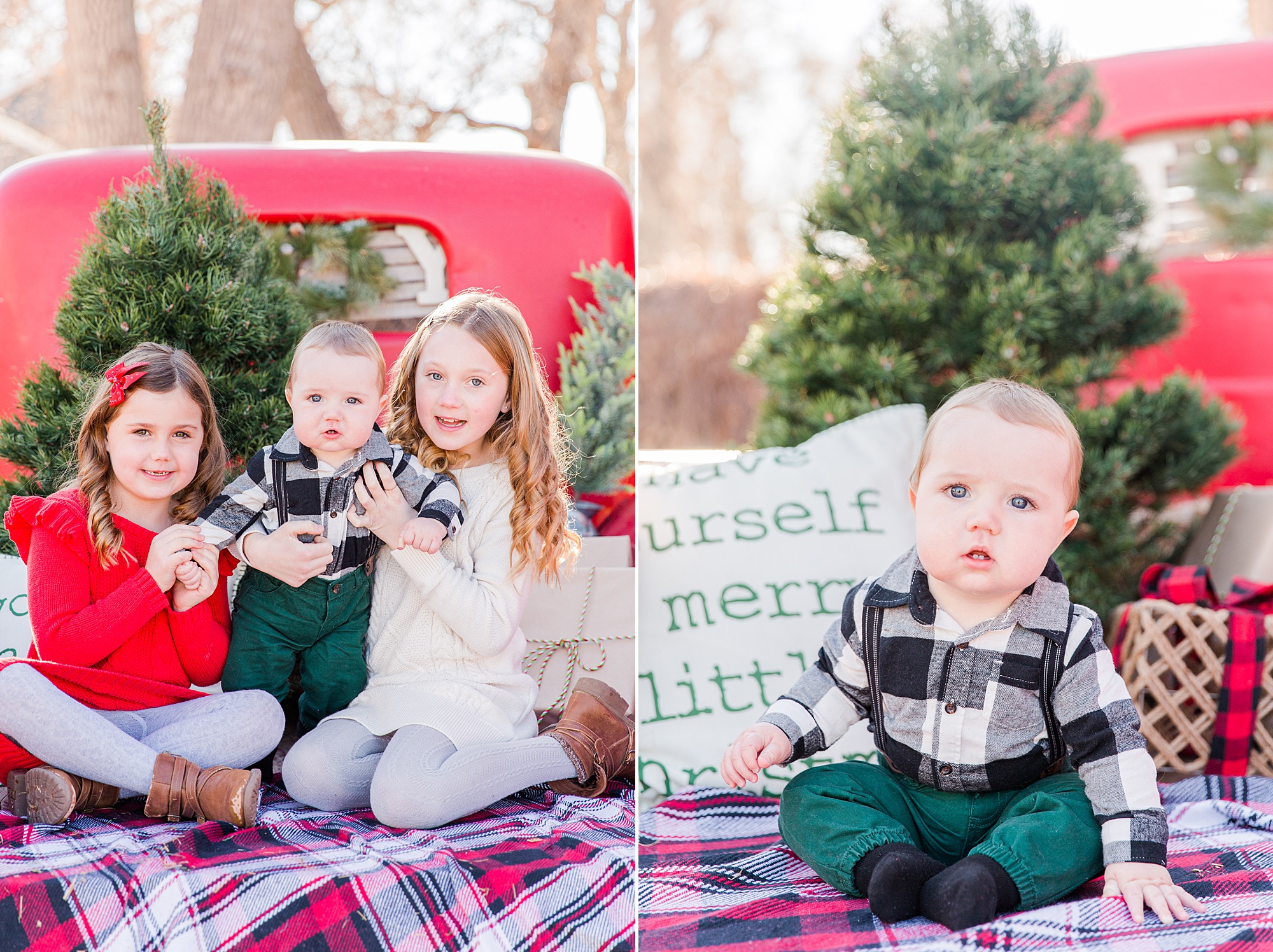 Sisters hold baby brother in the back of red truck during christmas mini session